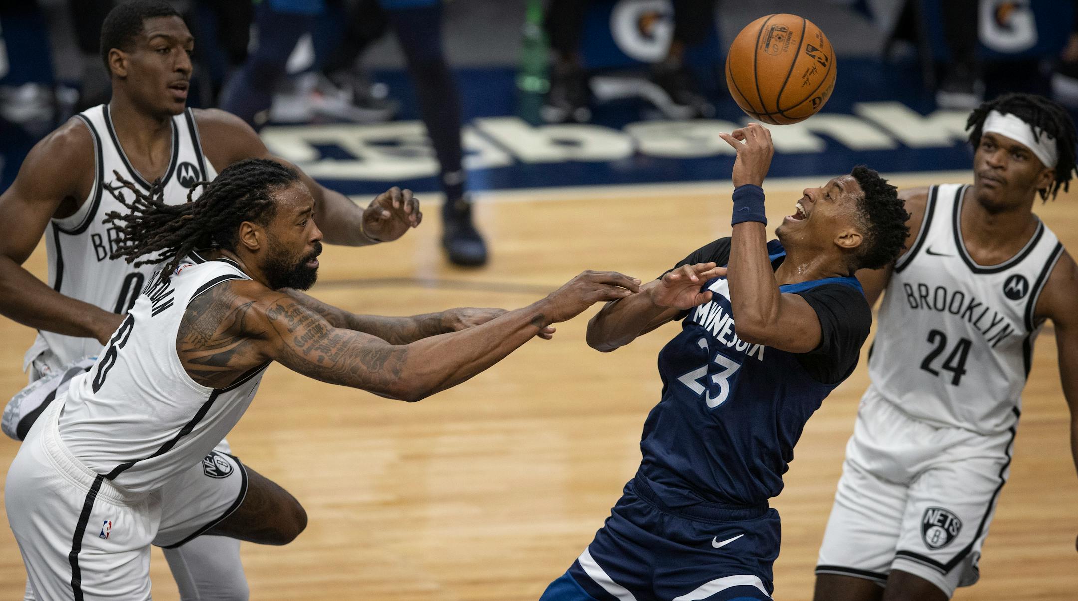 Brooklyn Nets center DeAndre Jordan (6) fouled Minnesota Timberwolves forward Jarrett Culver (23) at Target Center April 13, 2021 in Minneapolis.