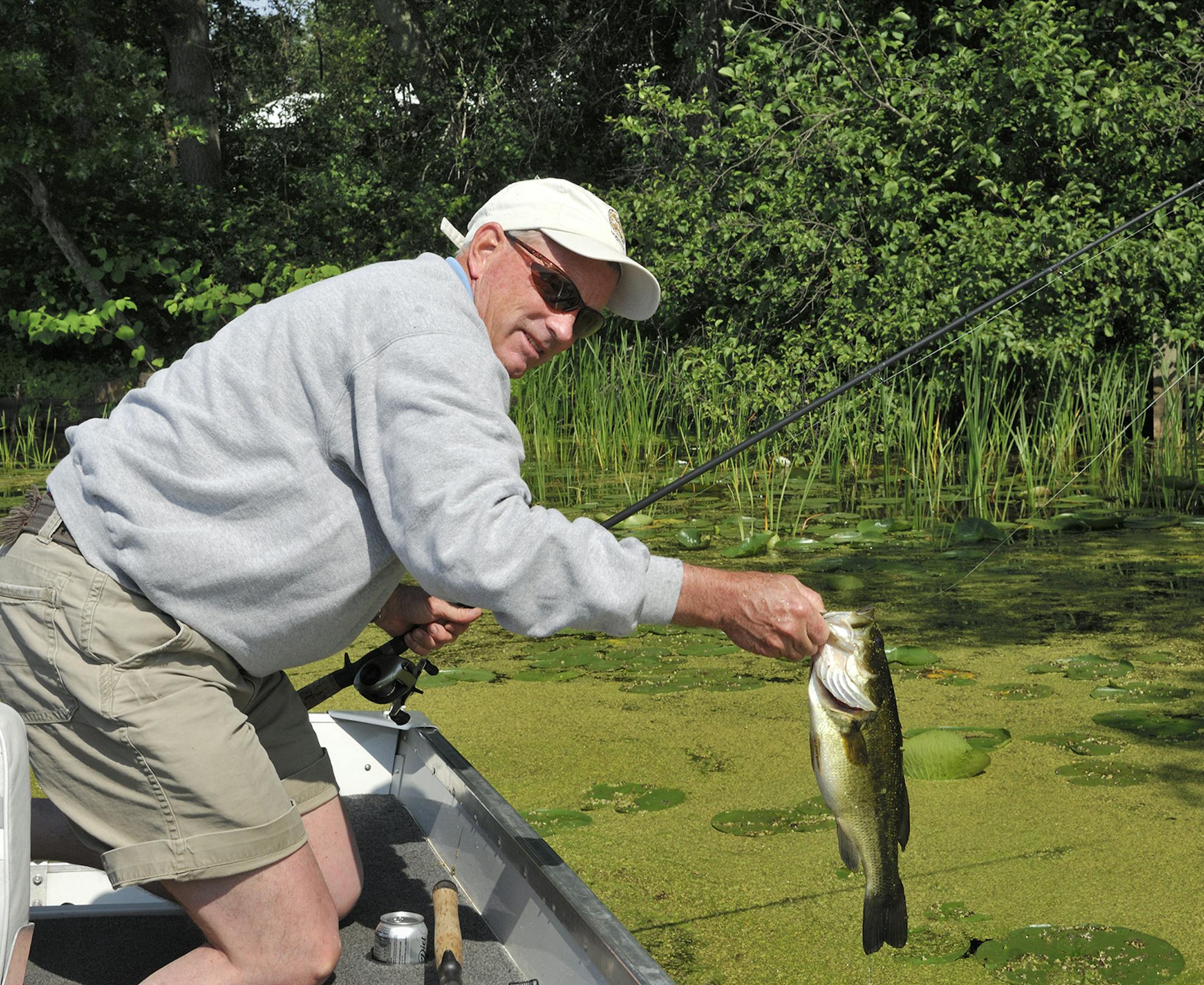 DO NOT USE! ONE-TIME USE WITH BILL MARCHEL COPY ONLY. Photo by Bill Marchel. An angler caught this largemouth bass from a "slop" consisting of duckweed and lily pads.