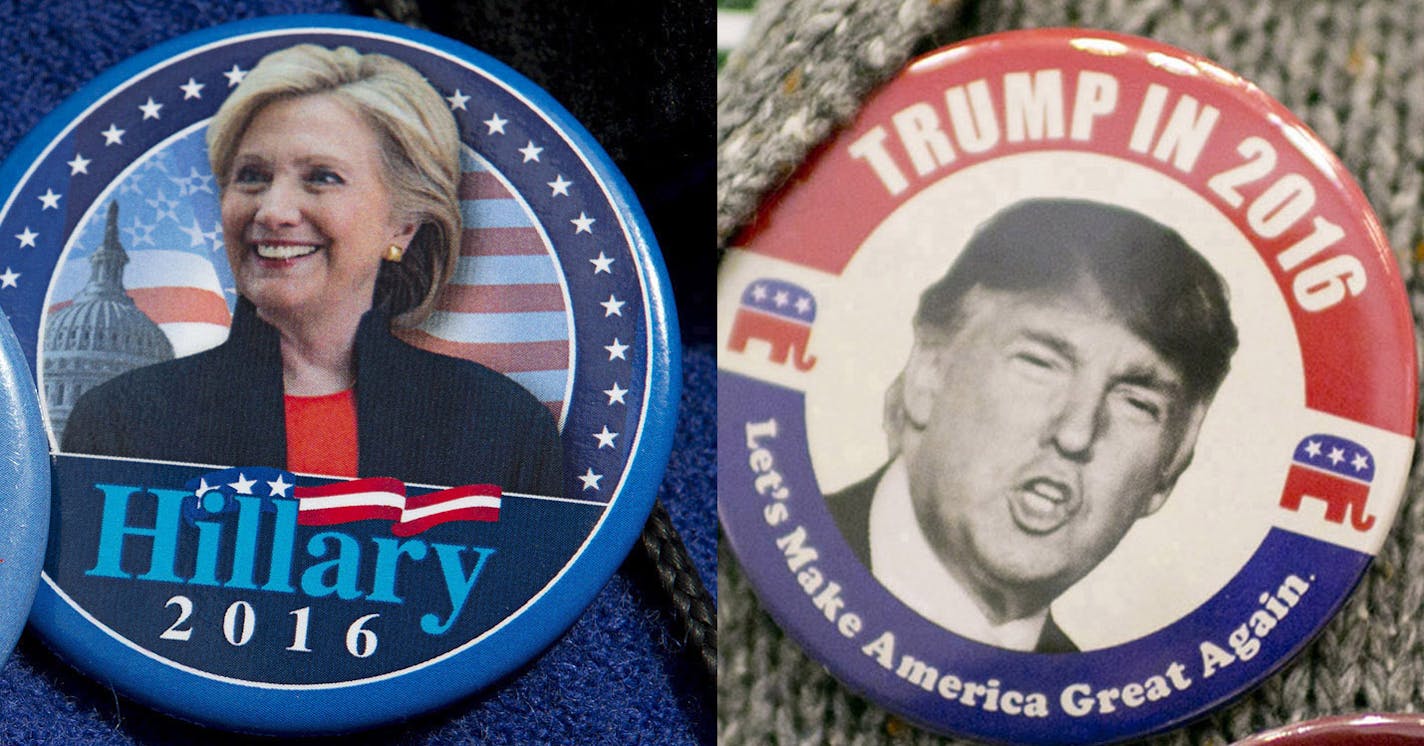 AP Photo/Mary Altaffer/Andrew Spear/The New York Times
Hillary Clinton button and Donald Trump. (AP Photo/Mary Altaffer) ORG XMIT: MIN2016040813524411