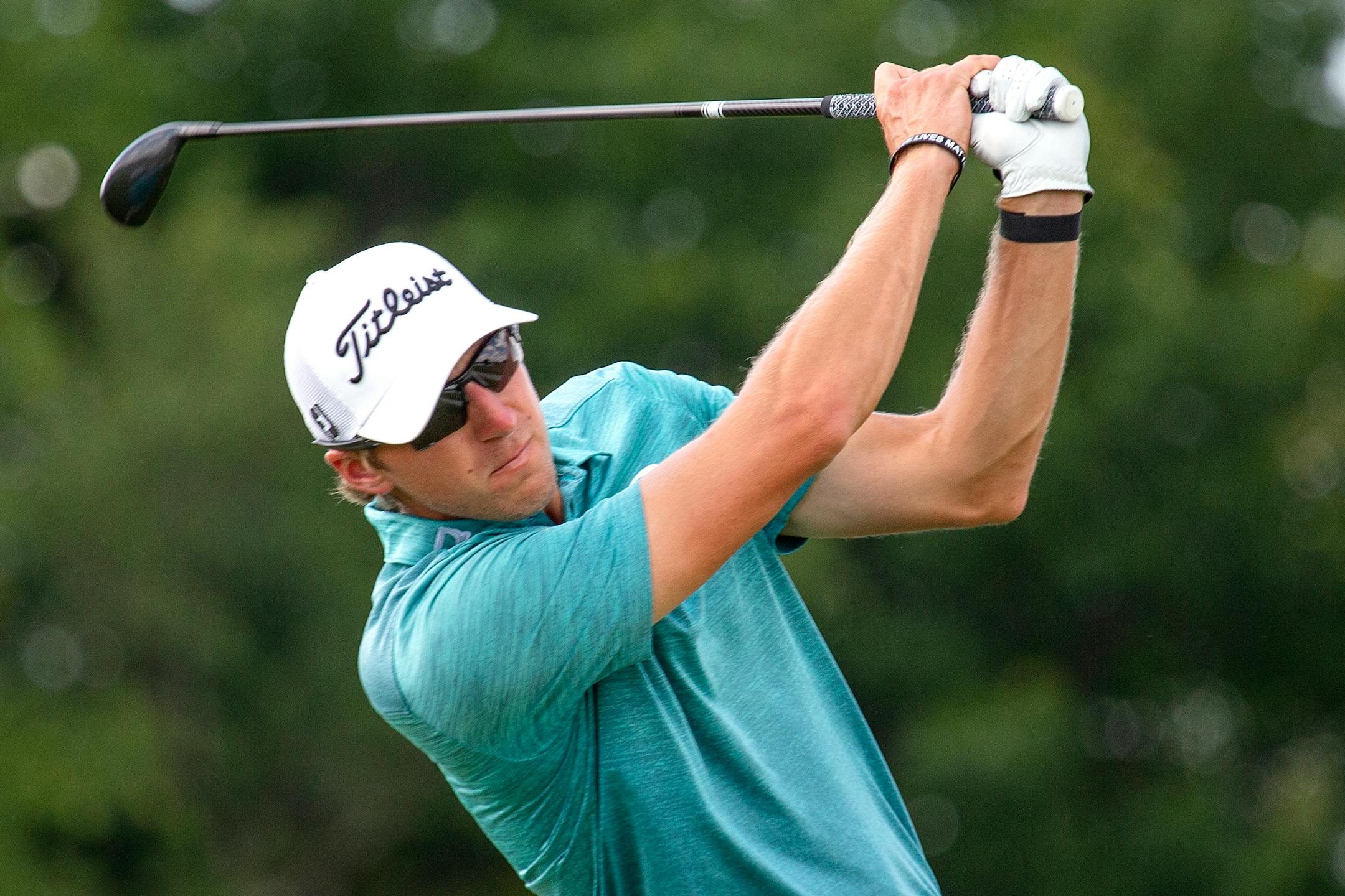 Richy Werenski watches his tee shot on the 14th hole during the final round of the 3M Open golf tournament in Blaine, Minn., Sunday, July 26, 2020. (AP Photo/Andy Clayton-King)