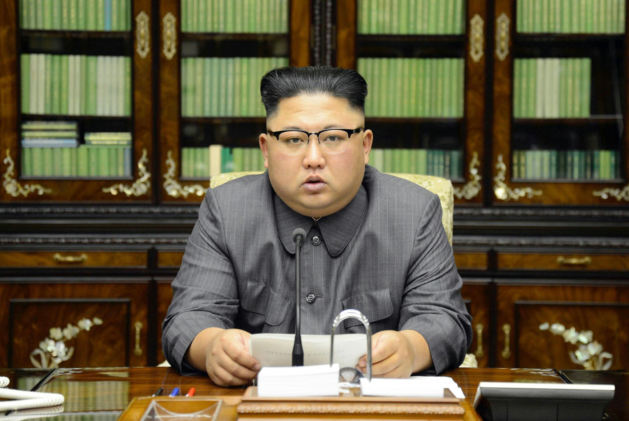 In this Thursday, Sept. 21, 2017, photo distributed on Friday, Sept. 22, 2017, by the North Korean government, North Korean leader Kim Jong Un delivers a statement in response to U.S. President Donald Trump's speech to the United Nations, in Pyongyang, North Korea. Kim, in an extraordinary and direct rebuke, called Trump "deranged" and said he will "pay dearly" for his threats, a possible indication of more powerful weapons tests on the horizon. Independent journalists were not given access to c