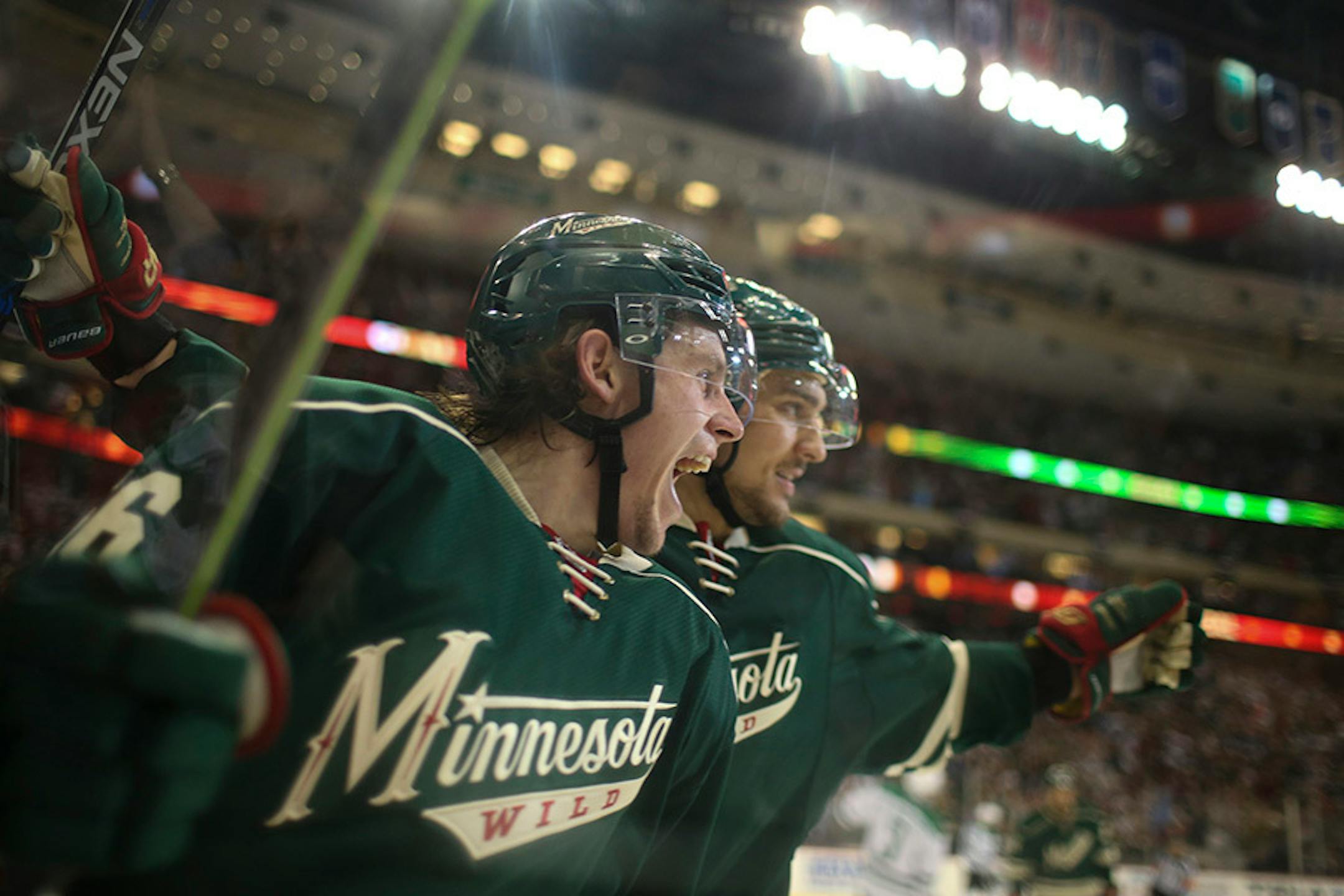 Wild left wing Erik Haula (56) celebrated his tying goal in the second period Monday night.