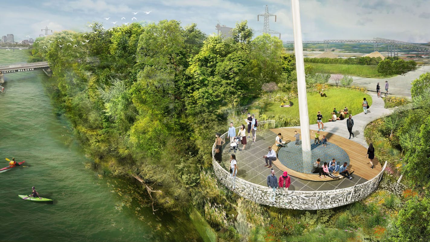 Renderings of a new overlook of the Mississippi River in north Minneapolis, set to break ground in 2019. The overlook is the first public access to the river for the North Side in years, according to the Minneapolis Parks Foundation.