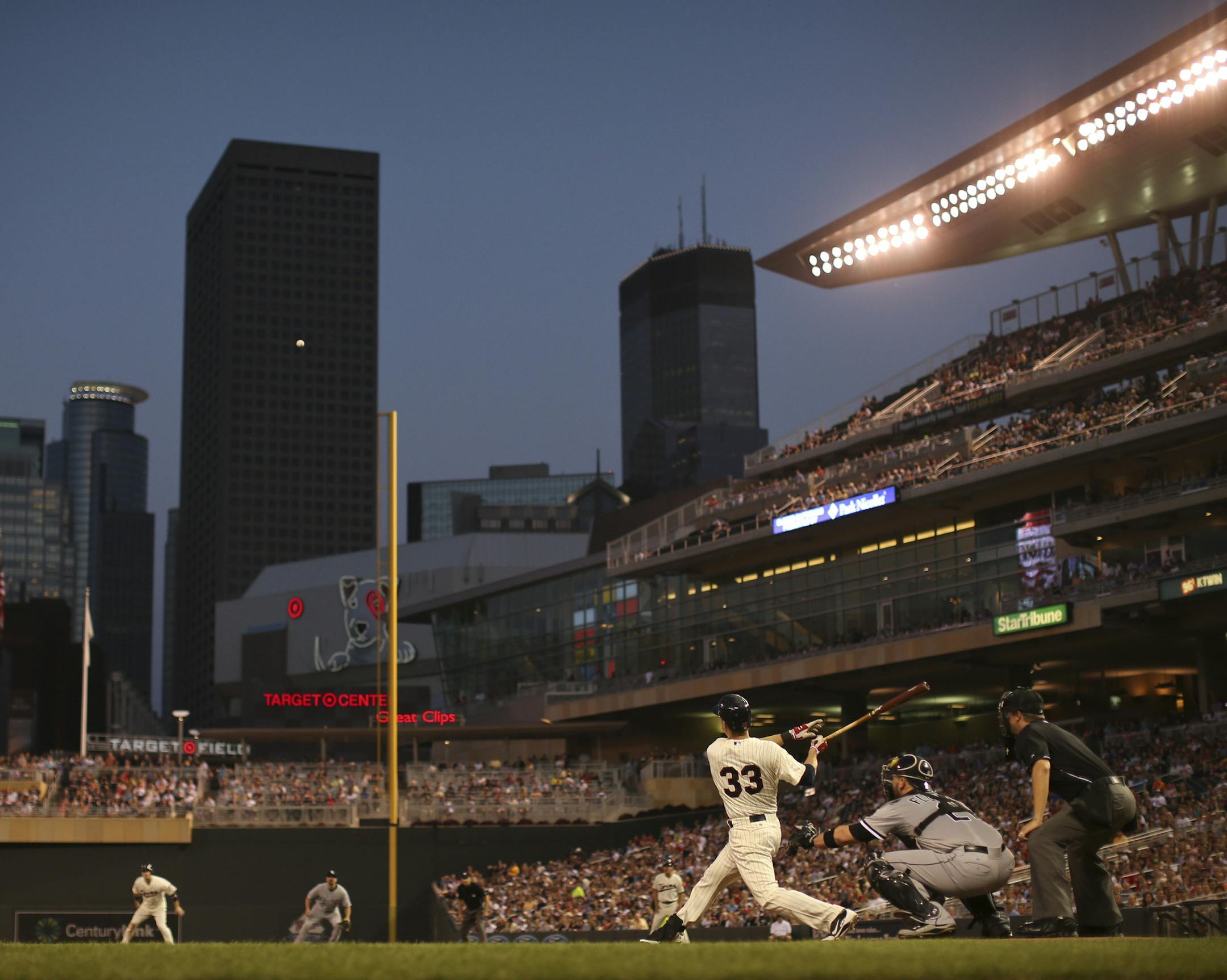 Justin Morneau of the Twins connected for a two run homer to right field in the sixth inning to put the Twins ahead 7-2.