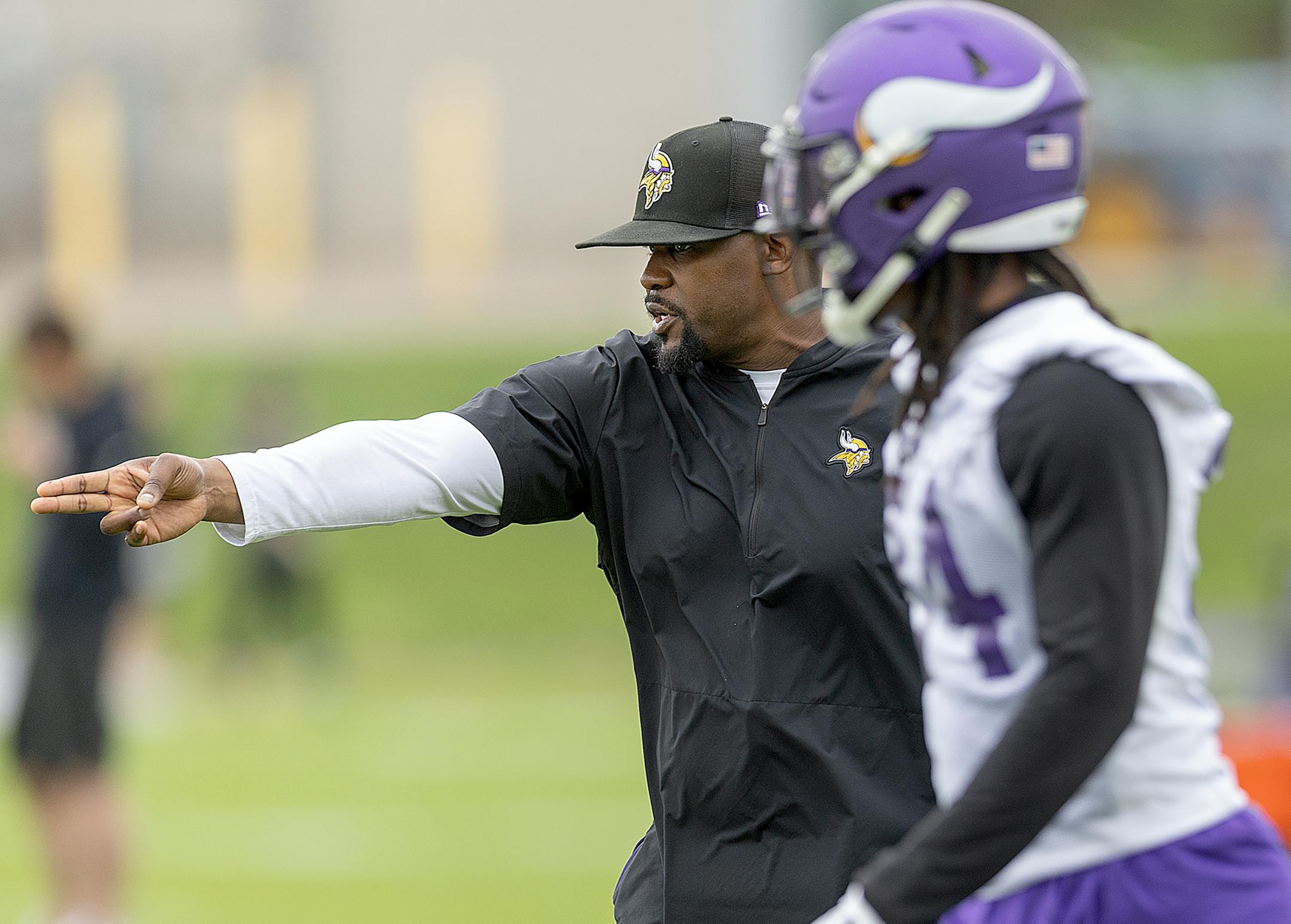 Minnesota Vikings Defensive Coordinator Brian Flores during Rookie Mini Camp at TCO Performance Center in Eagan, Minn., on Friday, May 12, 2023.