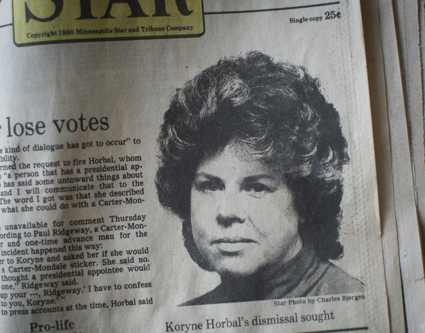 A picture from 1980 of Koryne Horbal, a trailblazer for women's rights, in the Minneapolis Star. Was photographed at her home on Friday, January 29, 2016 in Maplewood, Minn. ] RENEE JONES SCHNEIDER &#x2022; reneejones@startribune.com Horbal now lives in a assisted living facility after having a stroke and the death of her husband.