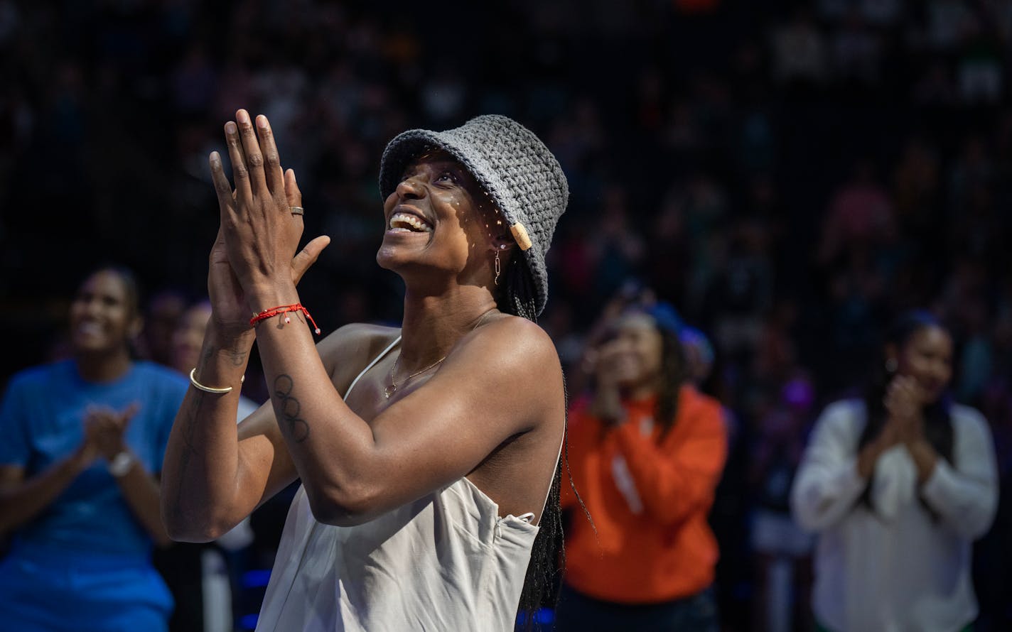 Former Minnesota Lynx center Sylivia Fowles look up at the rafters as her number 34 was retired at Target Center Sunday June 11,2023 in Minneapolis.] JERRY HOLT • jerry.holt@startribune.com