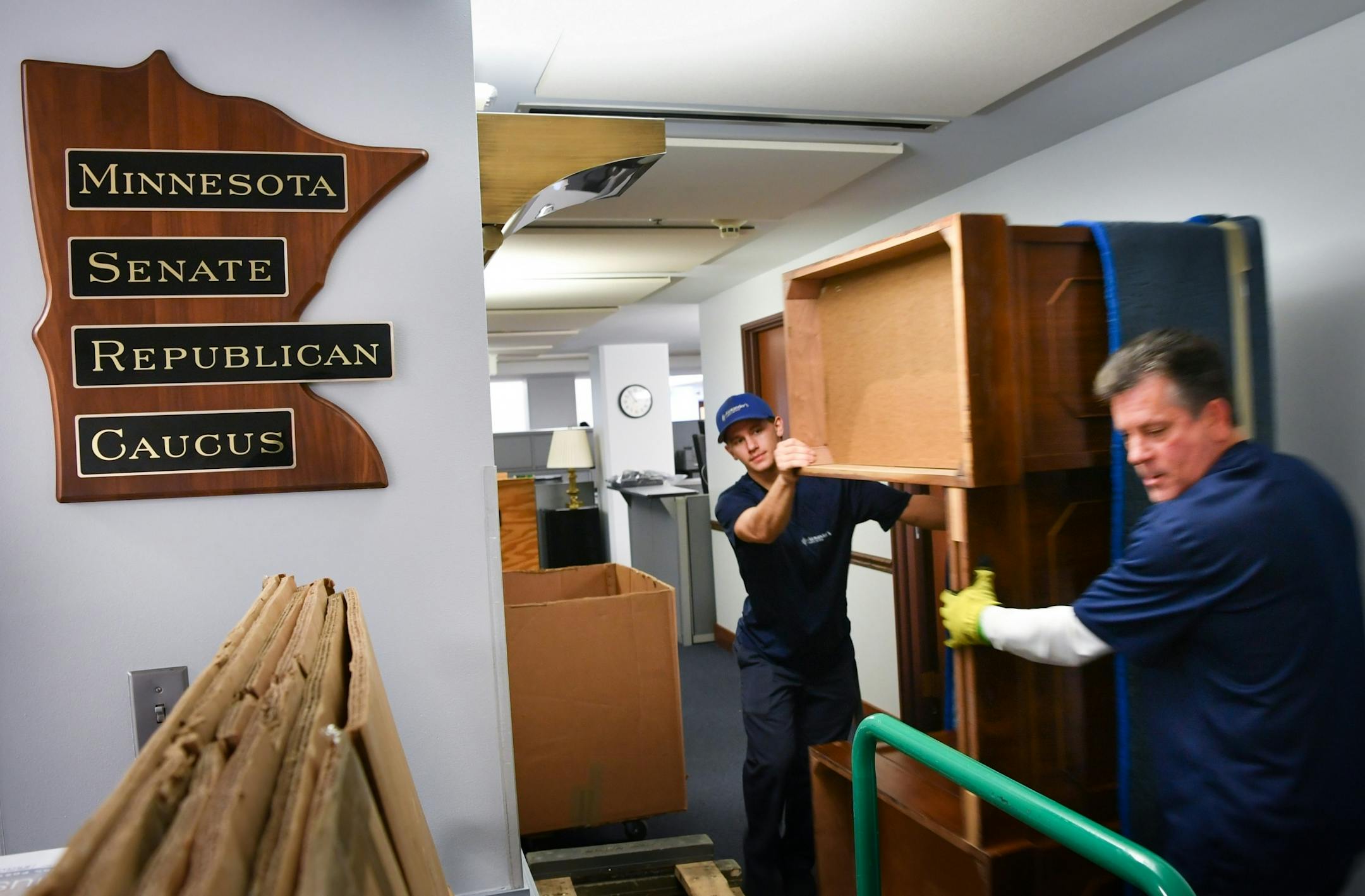Republican Senators' desks are moved to their new offices across the street at the Senate Office Building.