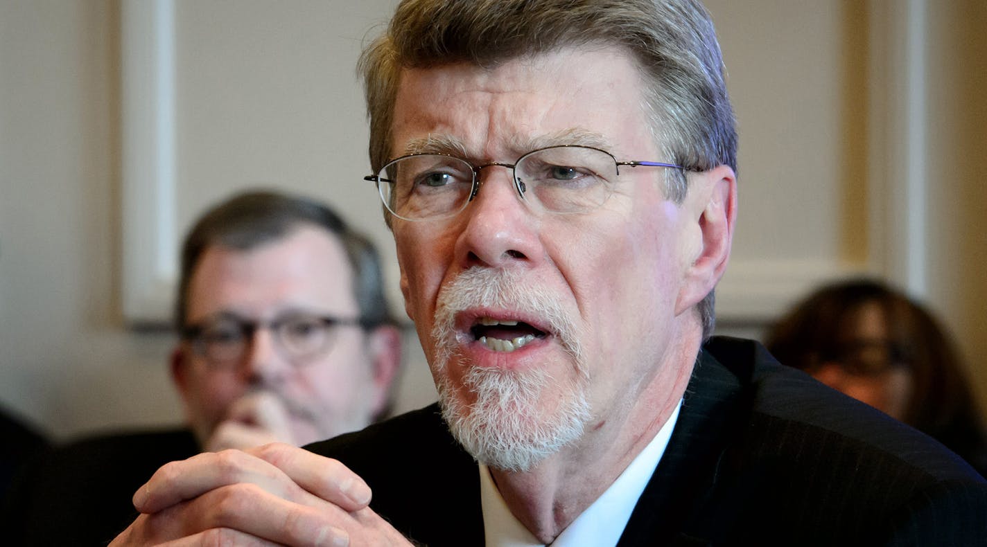 U of M President Eric Kaler, left, listened as State Auditor James Nobles delivered their report related to the death of Dan Markingson. ] GLEN STUBBE * gstubbe@startribune.com Thursday, March 19, 2015 The state&#x2019;s legislative auditor James Nobles recommended that the University of Minnesota should suspend all new psychiatric drug trials until lapses in patient protections and ethical oversight are addressed in its psychiatry department. He testified before the Senate Higher Education comm