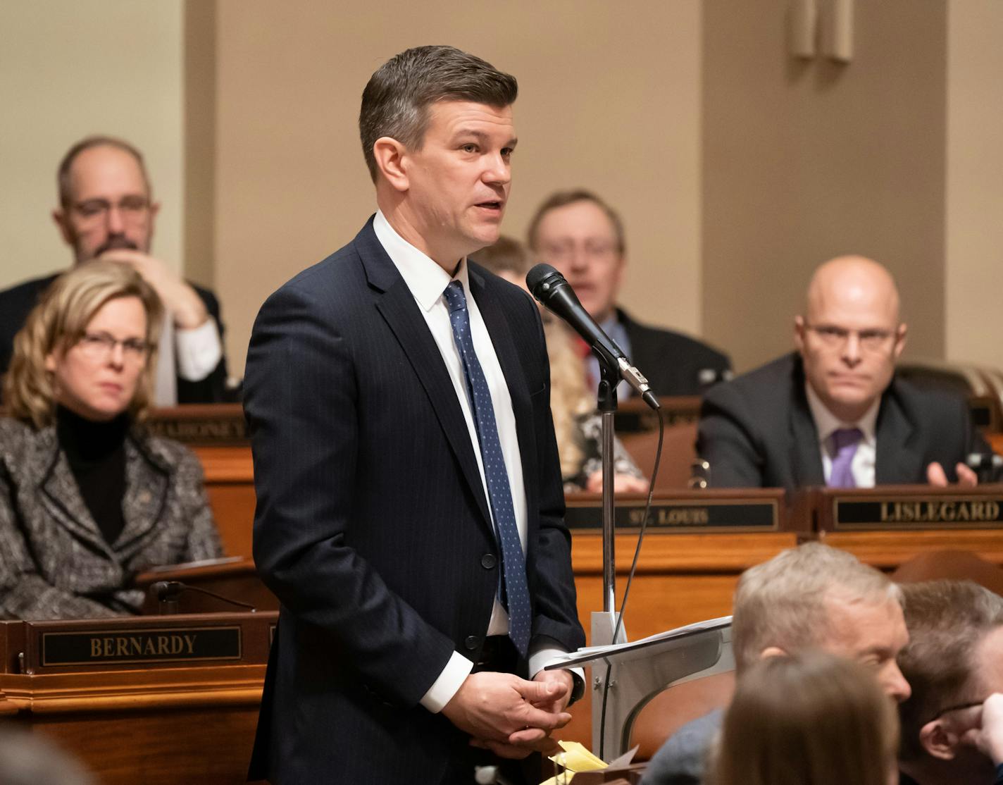 New House Majority Leader Ryan Winkler sparred with Minority Leader Kurt Daudt over new temporary rules introduced by the DFL majority that Daudt said violated transparency. ] GLEN STUBBE &#x2022; glen.stubbe@startribune.com Tuesday, January 8, 2019 It's the first day of the 91st Minnesota legislative session.