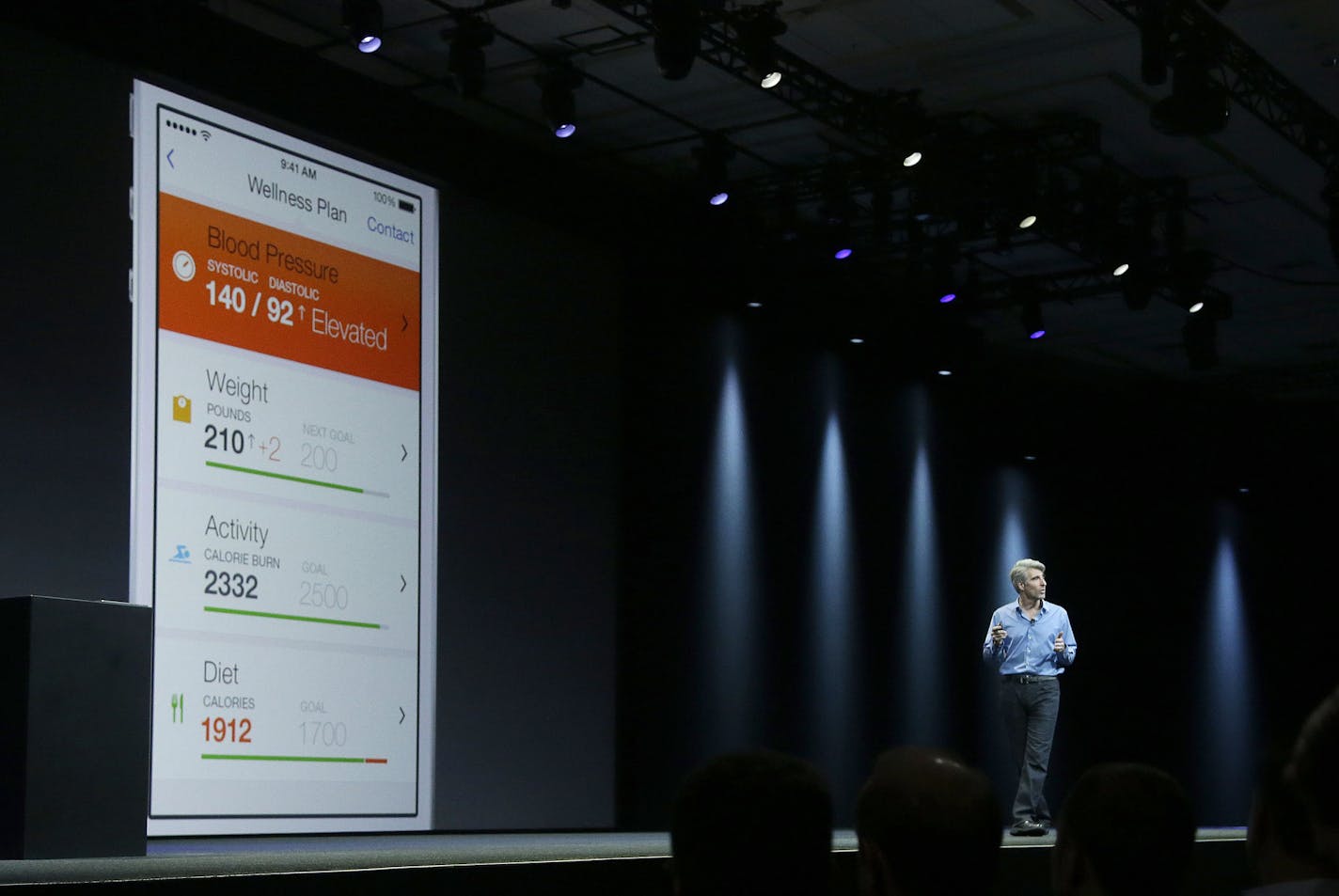 Apple senior vice president of Software Engineering Craig Federighi speaks about the Apple HealthKit app at the Apple Worldwide Developers Conference in San Francisco, Monday, June 2, 2014. (AP Photo/Jeff Chiu) ORG XMIT: CAJC123