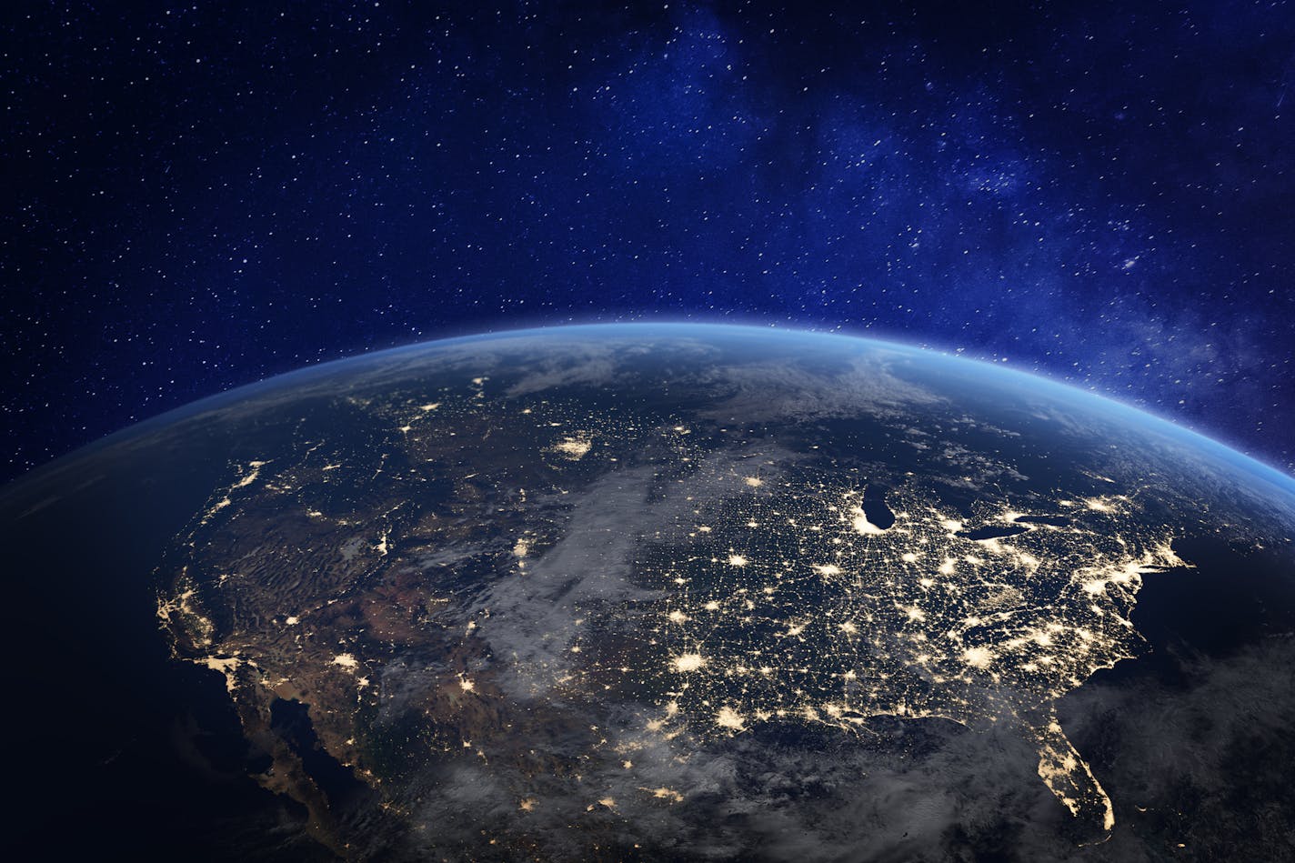 North America at night viewed from space with city lights showing human activity in United States (USA), Canada and Mexico, New York, California, 3d rendering of planet Earth, elements from NASA (https://eoimages.gsfc.nasa.gov/images/imagerecords/57000/57752/land_shallow_topo_2048.jpg)