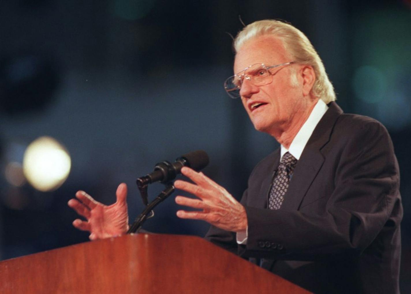 The Rev. Billy Graham speaks at one of his Crusades.