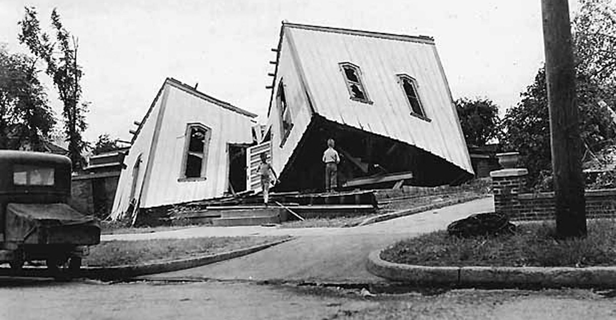 PHOTO COURTESY OF MINNESOTA HISTORICAL SOCIETY. Ruins of Evangelical Lutheran Church after tornado, Anoka Photograph Collection, Postcard 6/18/1939