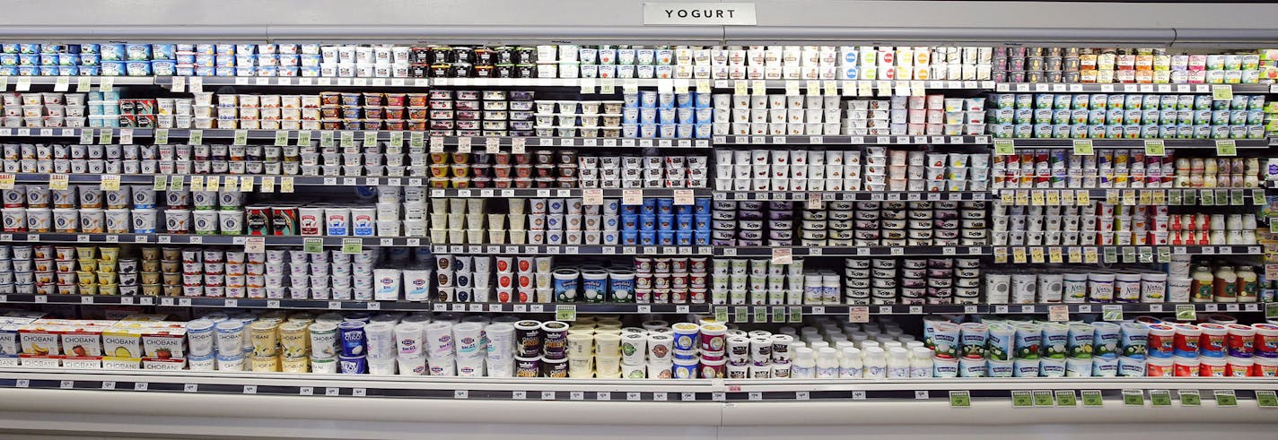 Various types of yogurt available at Central Market in Dallas on February 11, 2016. While flavored yogurts stretch out across grocery store refrigerator cases, cottage cheese gets relegated to a corner despite having more protein and fewer carbs. (Vernon Bryant/Dallas Morning News/TNS) ORG XMIT: 1181173