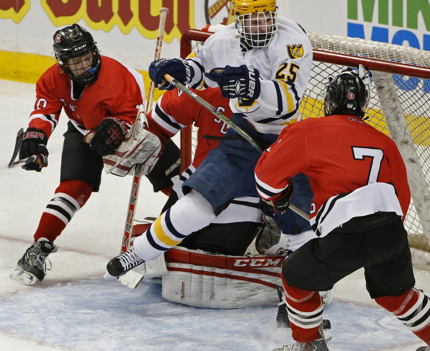 At the Xcel Center in a game between Mankato West and Breck of the high school quarterfinals hockey playoffs in single A, Dalton Weigel(25) positioned himself in front of the Mankato West net.