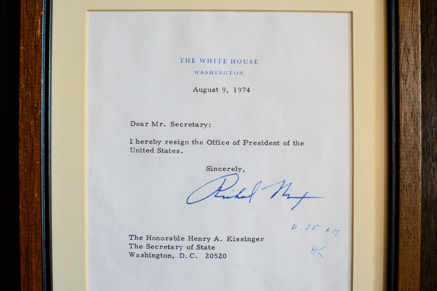 A copy of President Nixon's resignation letter from August 9, 2014. Senior U.S. District Judge Donald Alsop was nominated to the federal judge seat as one of Nixon's final moves as President of the United States the day before he resigned -- Aug. 8, 1974, 40 years ago this Friday. Alsop received his nomination and went home, only to see Nixon's resignation speech on television. ] Tuesday, August 5, 2014. GLEN STUBBE * gstubbe@startribune.com