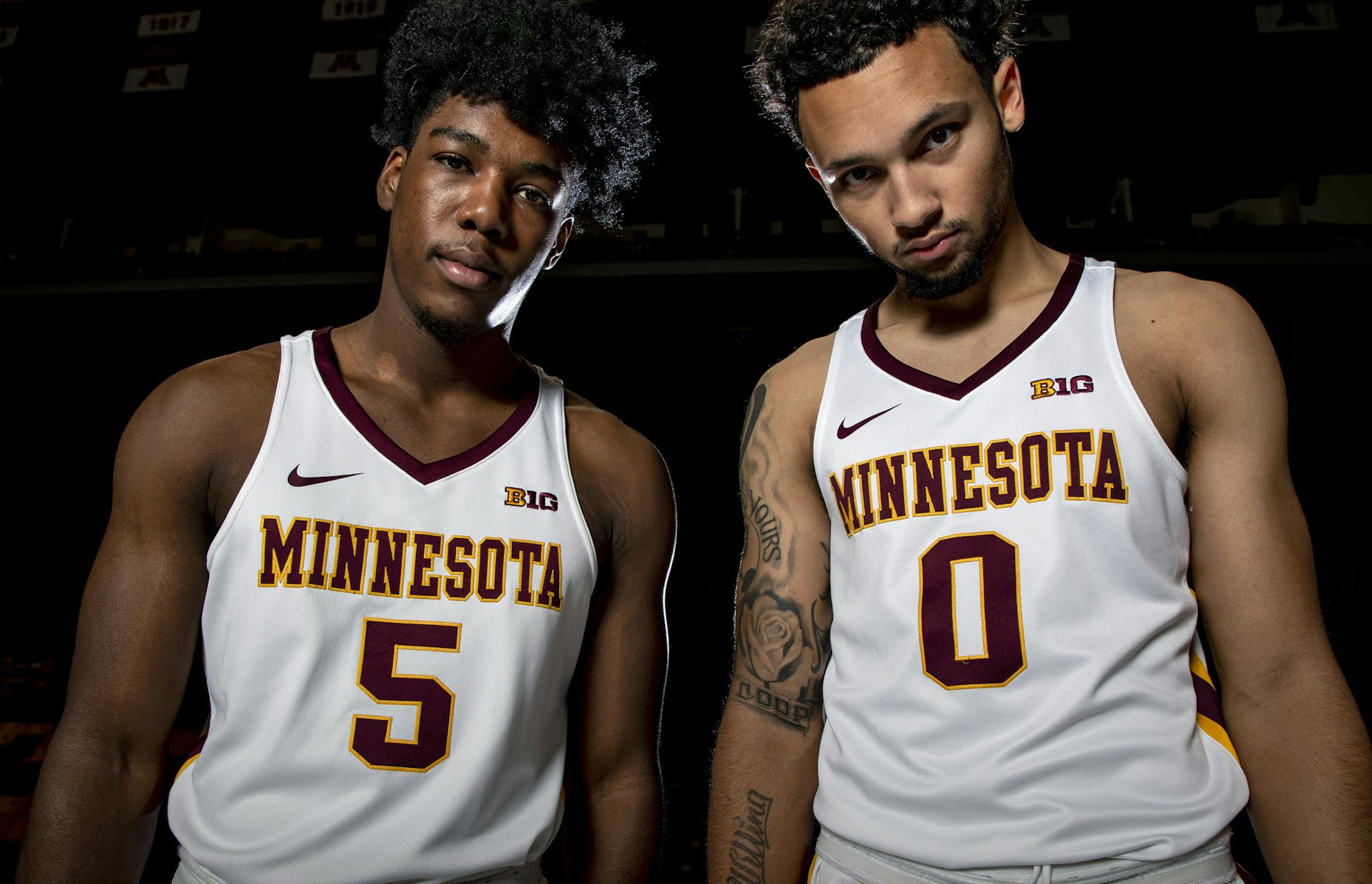 Marcus Carr (5) and Payton Willis (0) University of Minnesota Gophers Basketball. ] CARLOS GONZALEZ • cgonzalez@startribune.com – Minneapolis, MN – October 18, 2019, University of Minnesota Gophers Men’s Basketball media day at Williams Arena
