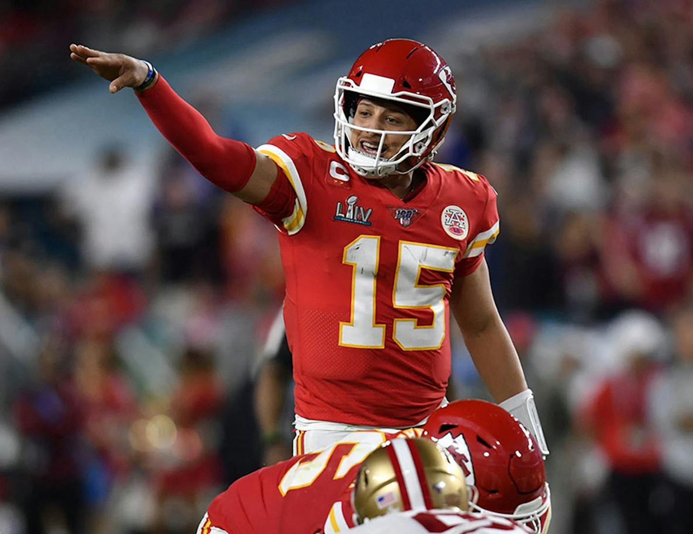 Kansas City Chiefs quarterback Patrick Mahomes (15) directs action during Super Bowl LIV against the San Francisco 49ers on February 2, 2020, at Hard Rock Stadium in Miami Gardens, Fla. (Tammy Ljungblad/Kansas City Star/TNS)