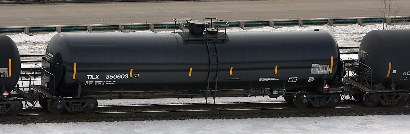 Canadian Pacific has seen a dramatic increase in crude oil shipments in tank cars. This crude-only &#x201c;unit train&#x201d; passed through St. Paul (here, along Warner Road and the Mississippi River) on Feb. 27. Unit trains of up to 120 cars are loaded with crude in at terminals in North Dakota and Canada and take their cargo to a single destination, often refineries on the East Coast and Gulf Coasts. It was not known where this train originated or was headed. CP says that 53,500 car loads of