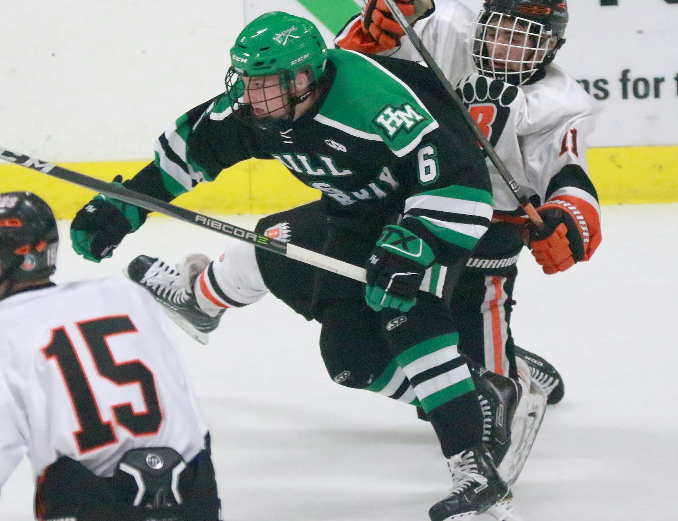 Hill-Murray's Henry Eischen (6), who scored two goals, skates by White Bear Lake's Jake Klein (11) during the first period of Hill-Murray's 3-1 win over White Bear Lake in the Boys' hockey, Class 2A, Section 4 final Friday, March 2, 2018, at Aldrich Arena in Maplewood, MN.] DAVID JOLES ï david.joles@startribune.com