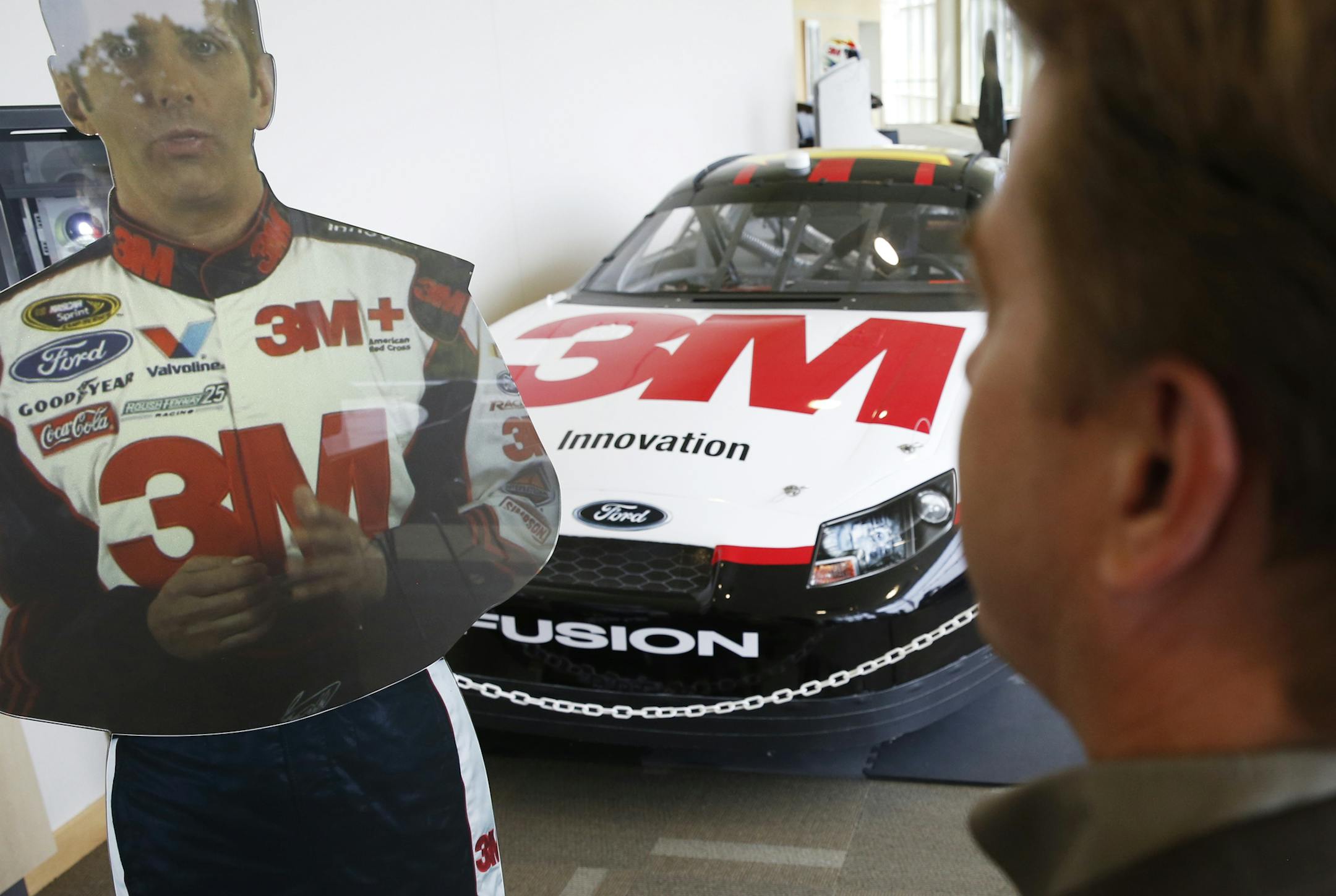 At the 3M Innovation Center in Maple Grove, Bill Hibbard, business development manager showed off a virtual presenter with the likeness of NASCAR driver Greg Biffle projected on a hi tech screen.] tsong-taataarii@startribune.com