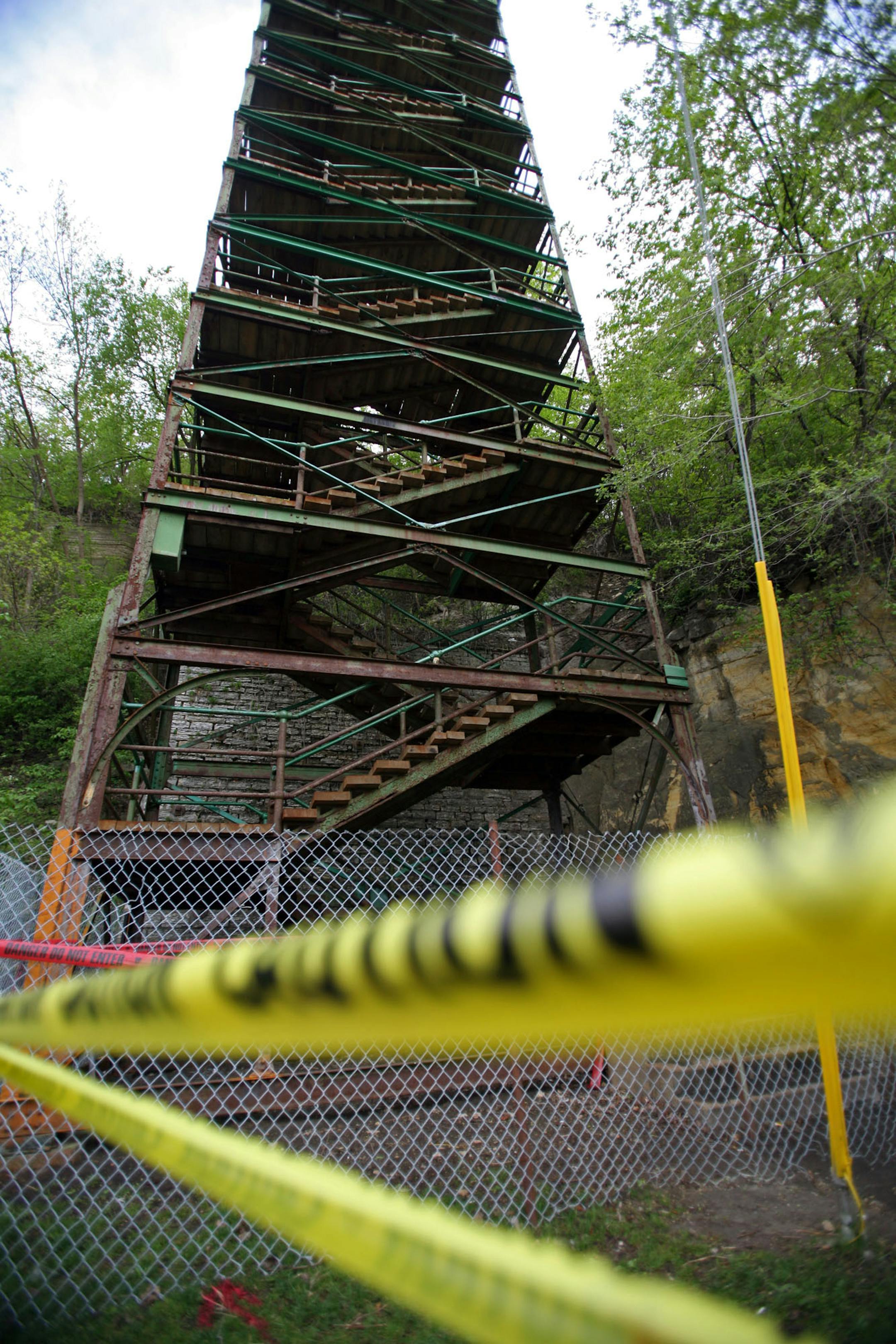 The towering stairway off of Wabasha Avenue in St. Paul was recently damaged by a boulder and is now closed. The city plans to take the stairway down as soon as Tuesday morning.