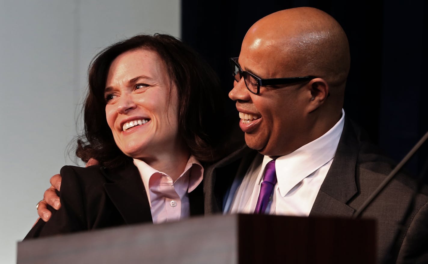 Betsy Hodges and her husband Gary Cunningham hugged after she took the oath during her first swearing in ceremony at the Thorp building in North Minneapolis on 1/2/14. Several hundred friends, family and supporters attended the ceremony. Hodges' formal swearing in (where she will give her inaugural speech) is Monday, Jan. 6. Under city charter, she is required to be sworn in on the first business day of January, which is Jan. 2.