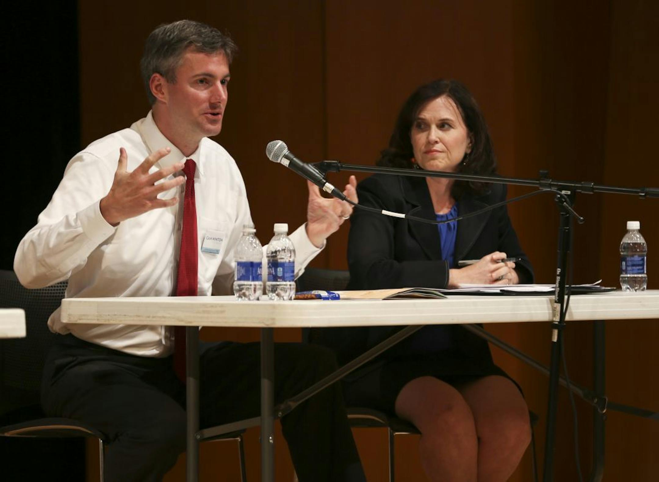 A mayoral forum based on the arts was held with several candidates for mayor of Minneapolis at the MacPhail Center in Minneapolis, Minn., on Thursday, September 12, 2013. Candidates Cam Winton and Betsy Hodges on stage during the forum.