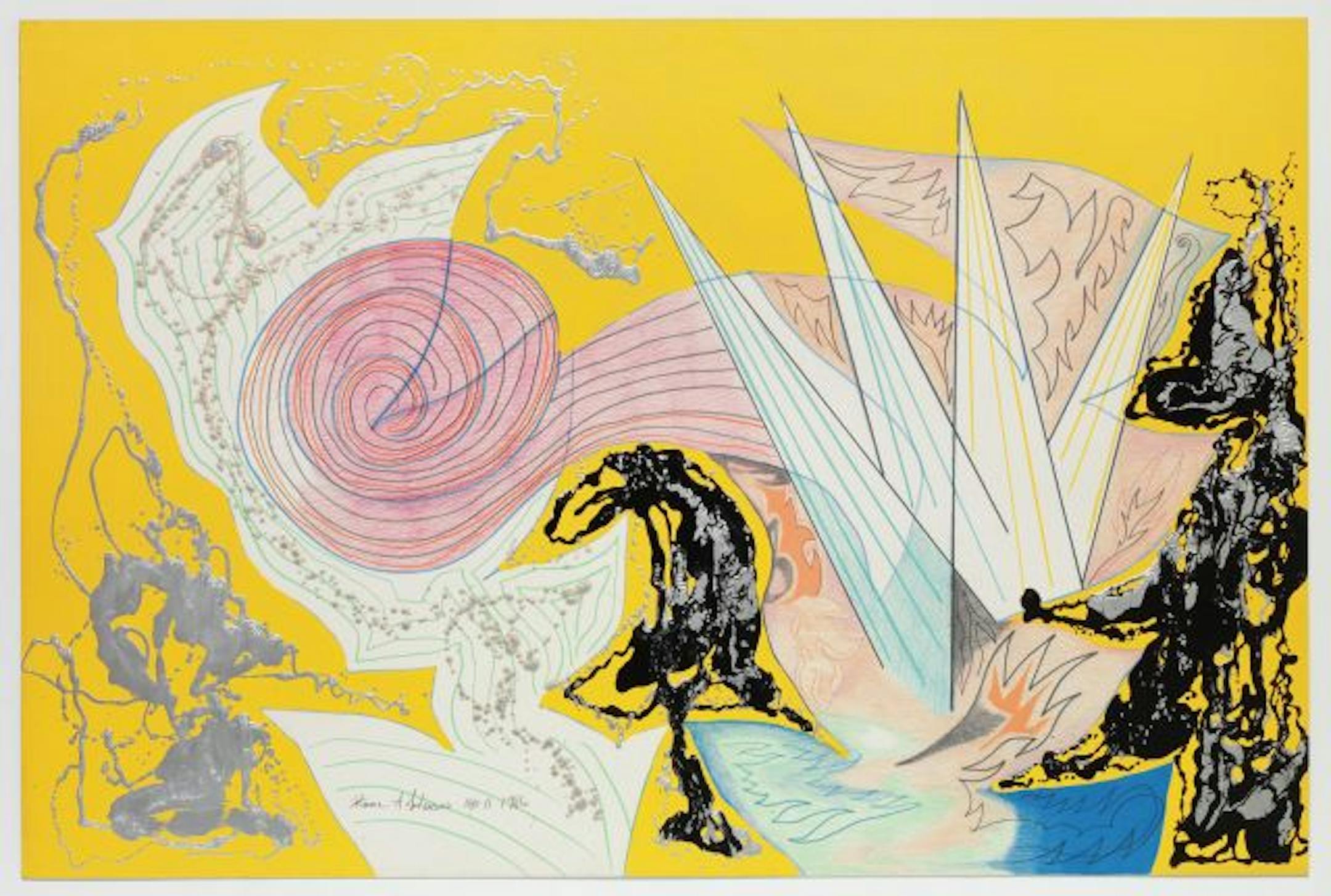 Bruce Anderson's 1996 painting is untitled but seems to show two boats tossing flames and whirlwinds at each other.