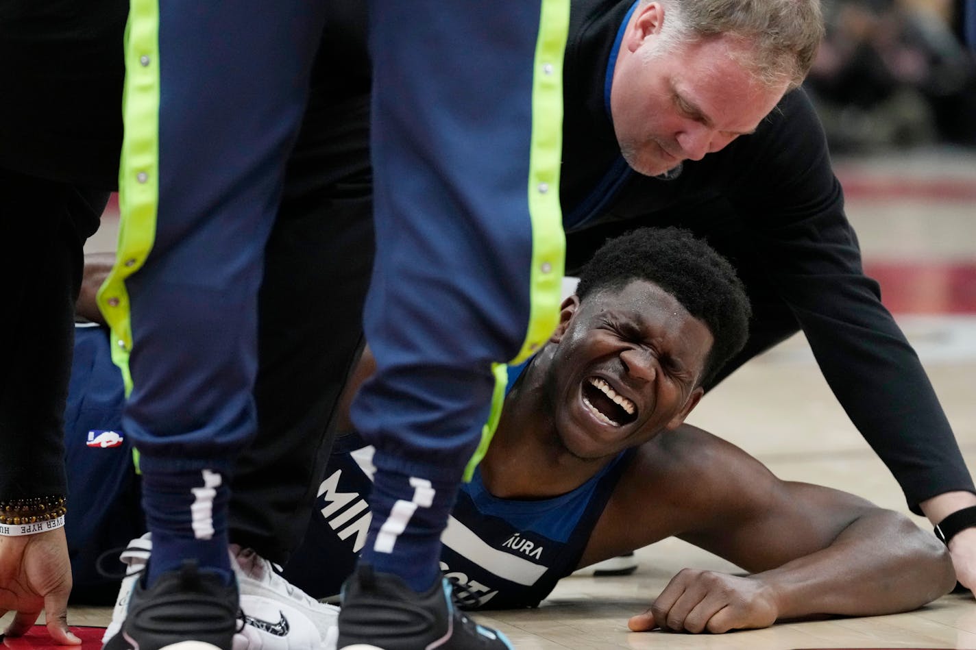 Timberwolves guard Anthony Edwards injured his ankle during the first half Friday in Chicago. He did not return.