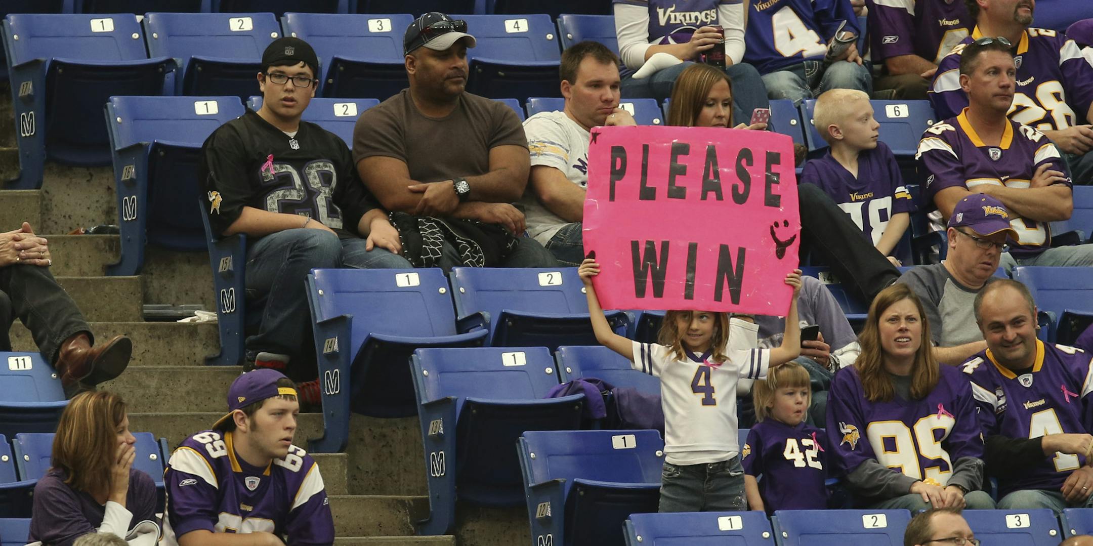 The MInnesota Vikings lost 35-10 to the Carolina Panthers Sunday afternoon, October 12, 2013 at Mall of America Field in Minneapolis. A young Vikings' fan held up a sign late in the fourth quarter, but by then it was too late for the Vikings. ] JEFF WHEELER ‚Ä¢ jeff.wheeler@startribune.com