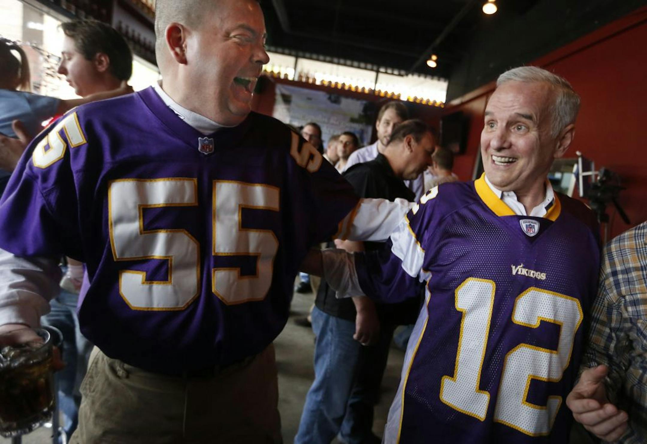 At Mac's Industrial Sports Bar, Vikings fans gathered on the eve of a vote on a new stadium at the legislature. Craig Danzl of St. Cloud found out about the rally at 2:30 and decided to drive down to show his support for the stadium. "It's a way of life for so many people," said Danzl who grew up watching the Vikings. Danzl who is a straight line Republican voted for Dayton because of the stadium issue.