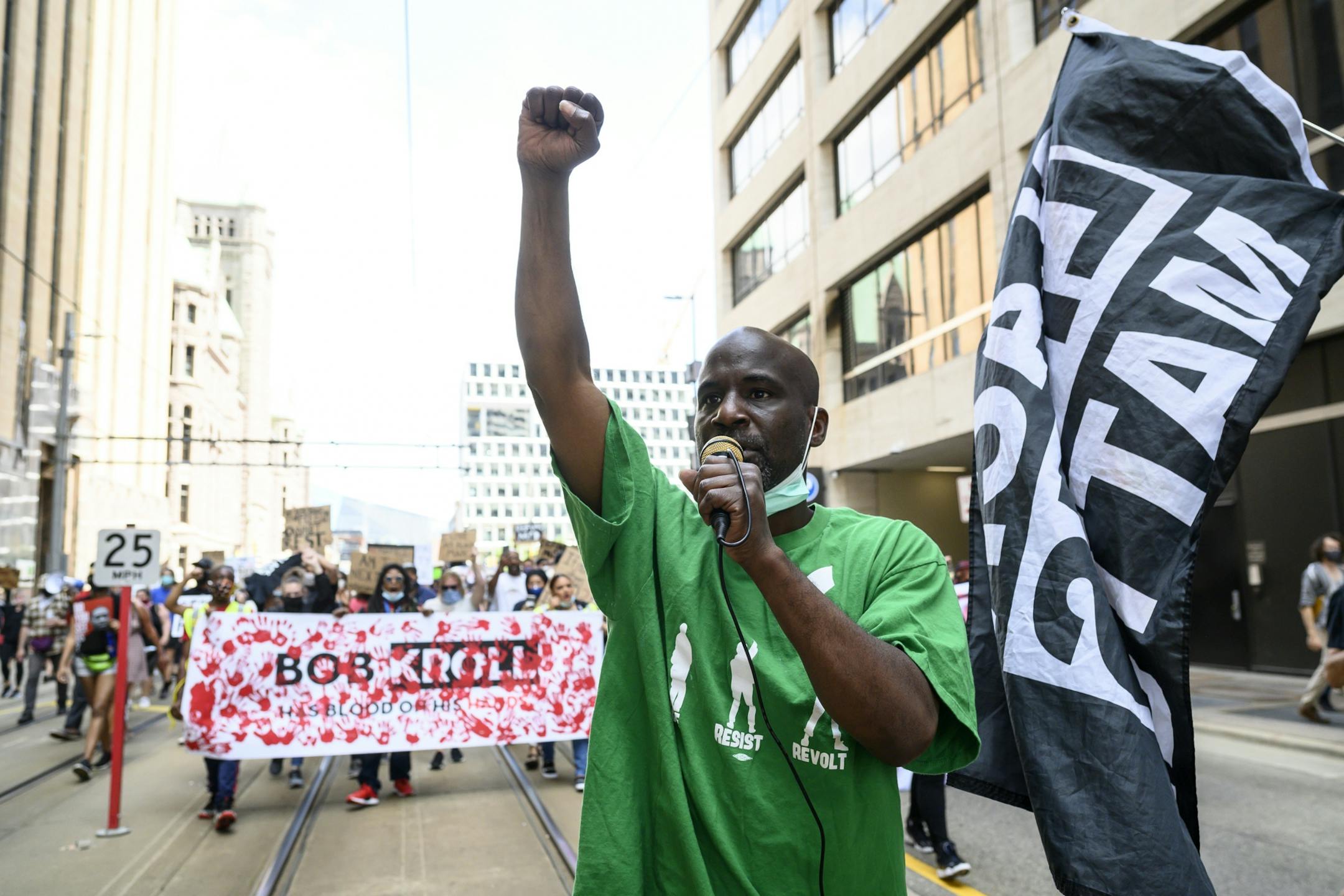 Trahern Crews, an organizer of Black Lives Matter Minnesota, led a march through downtown Minneapolis Saturday.