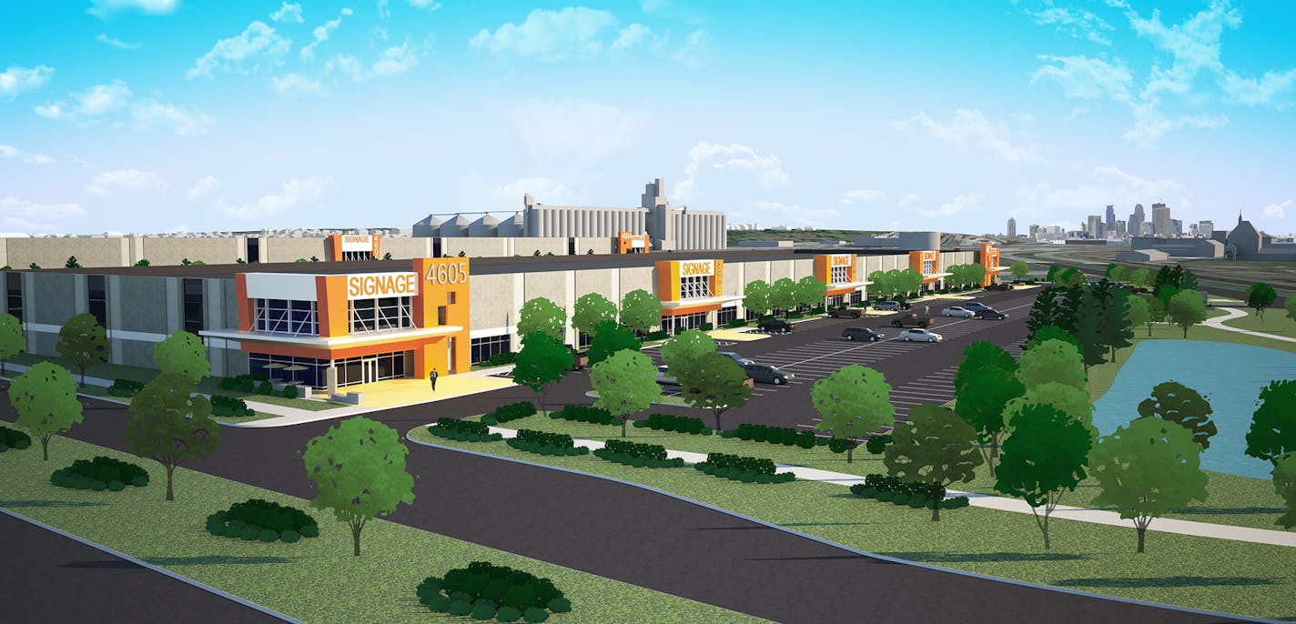 A rendering of the multi-phase Northern Stacks redevelopment in Fridley.