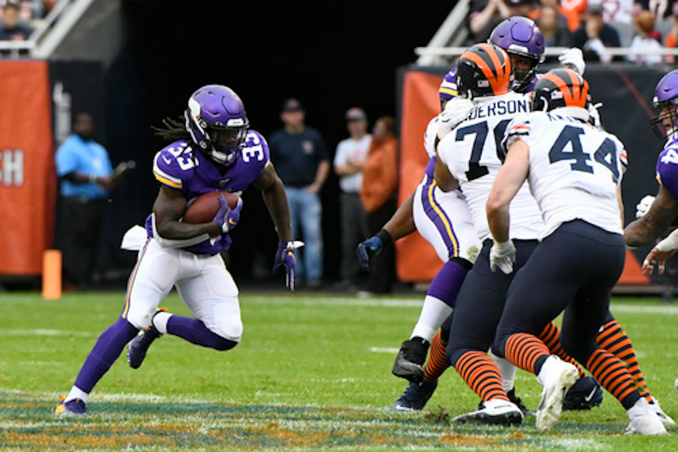 Minnesota Vikings running back Dalvin Cook runs with the ball during the half of an NFL football game against the Chicago Bears Sunday, Sept. 29, 2019, in Chicago. (AP Photo/Matt Marton)