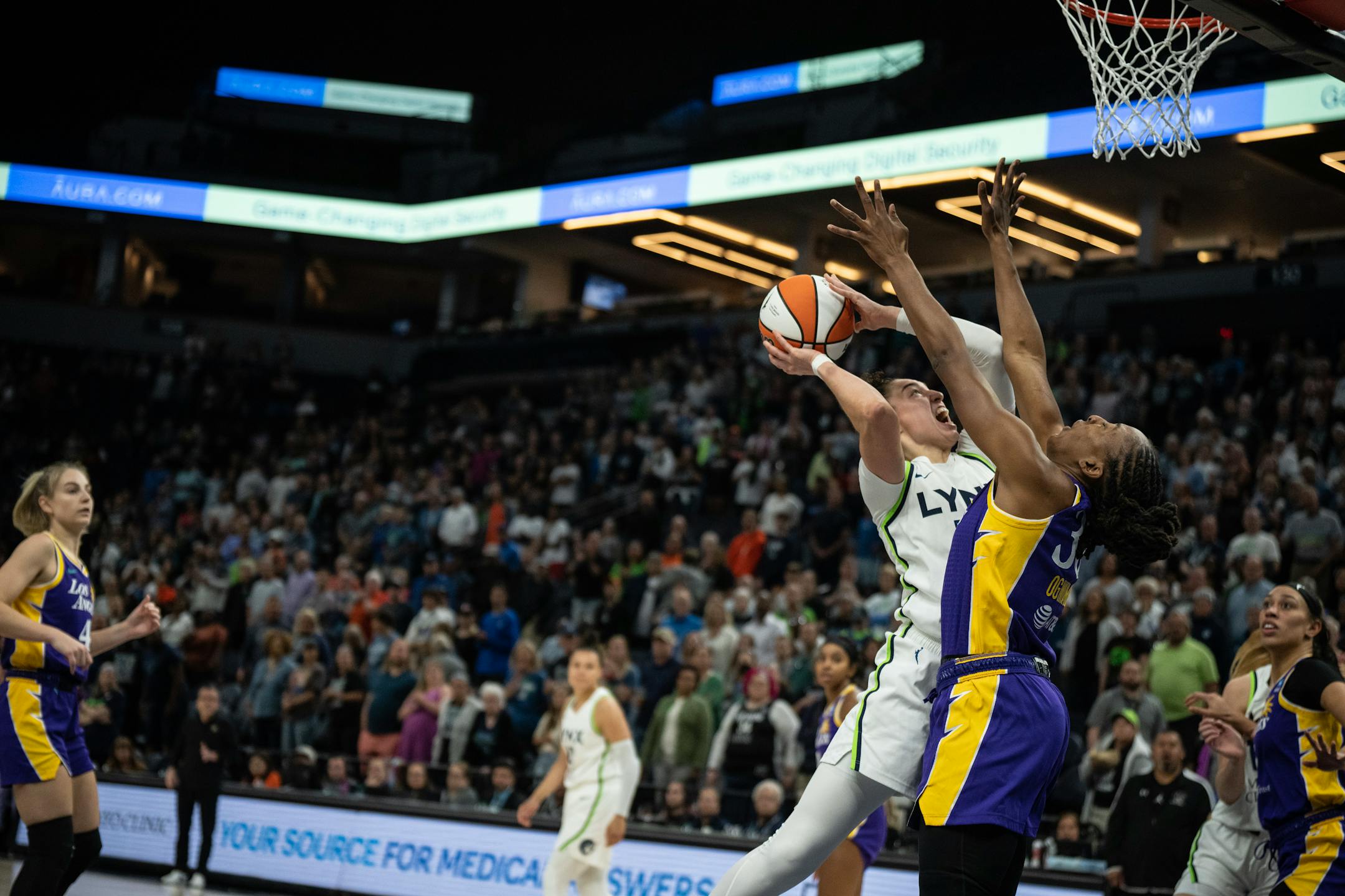 Minnesota Lynx forward Jessica Shepard was given an offensive foul as she collided with Los Angeles Sparks forward Katie Lou Samuelson in the first half.
