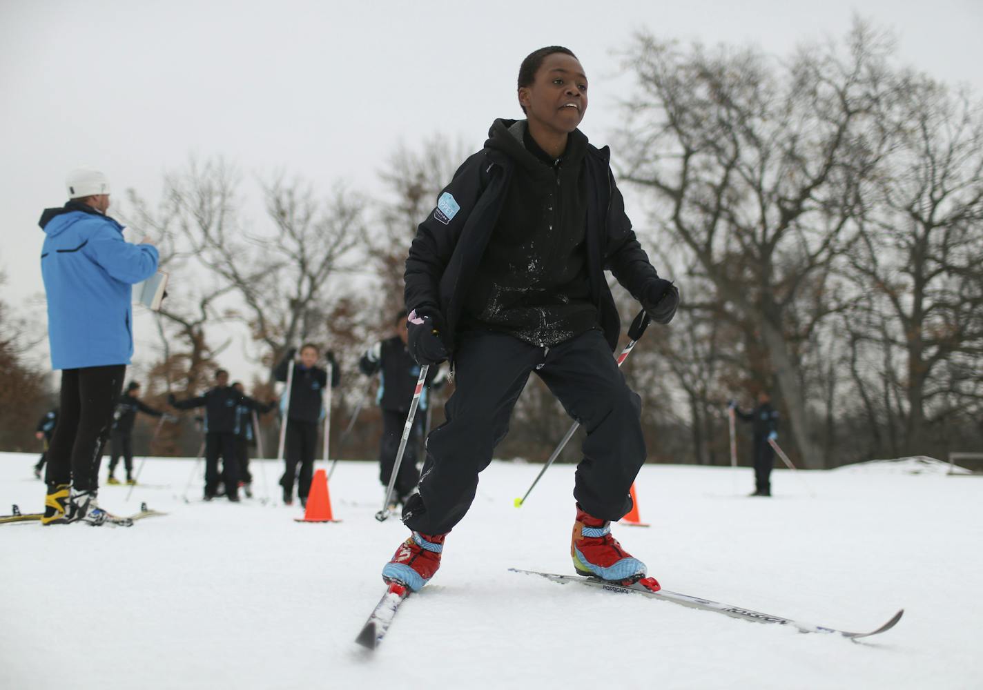 Camera Williams, 12, took off on a timed training loop under the direction of head coach Jon Miller, left, at Theodore Wirth Park Tuesday afternoon. ] JEFF WHEELER &#x2022; jeff.wheeler@startribune.com In addition to sponsoring a ski race, The Loppet Foundation also has a program that encourages middle school students to try cross country skiing. They sponsor a team at Nellie Stone Johnson Middle School which held a practice at Theodore Wirth Park in Minneapolis Tuesday afternoon, January 20, 20