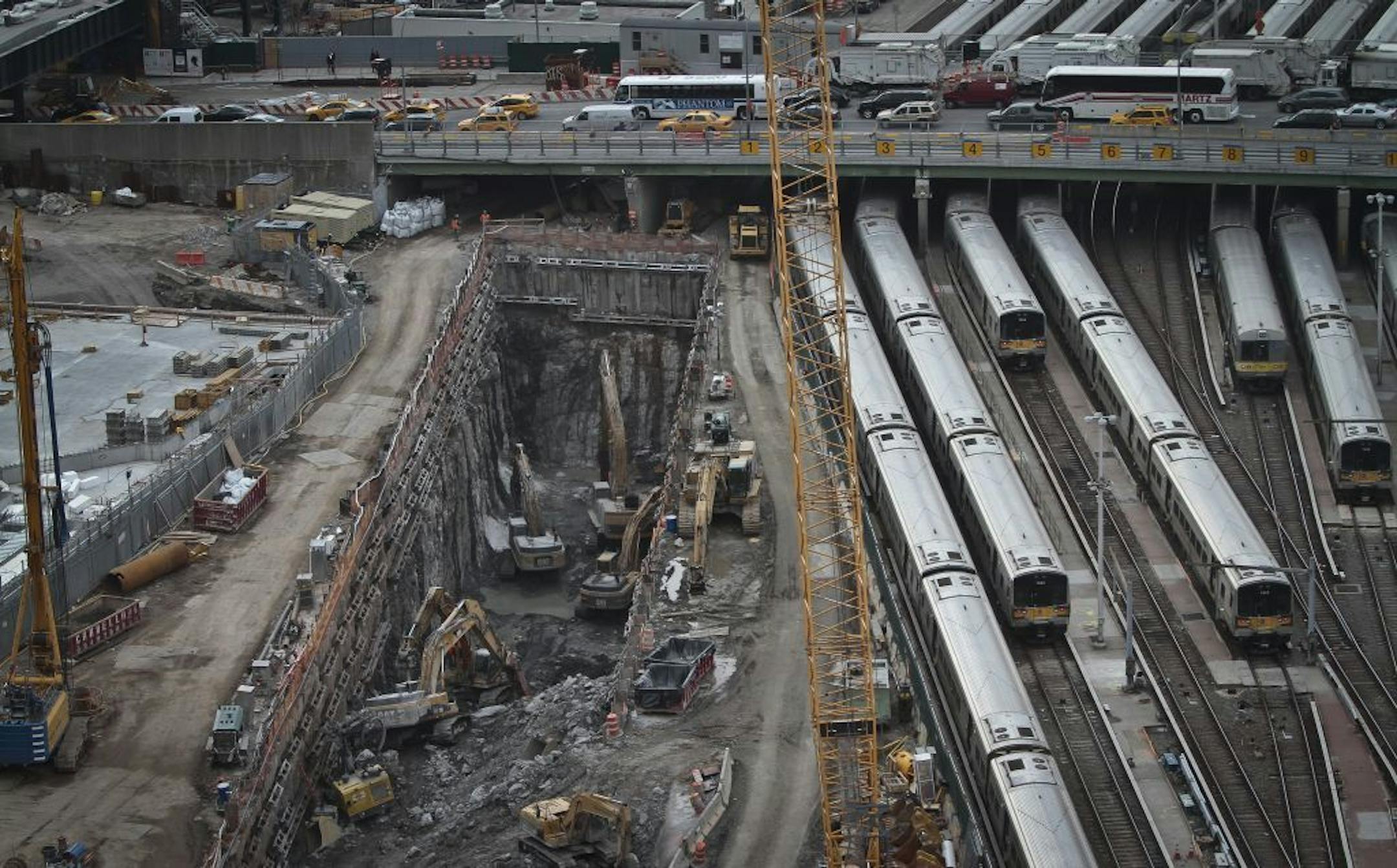 This photo taken on Thursday April 17, 2014, shows ongoing construction of a rail tunnel, left, at the Hudson Yards redevelopment site on Manhattan's west side in New York.