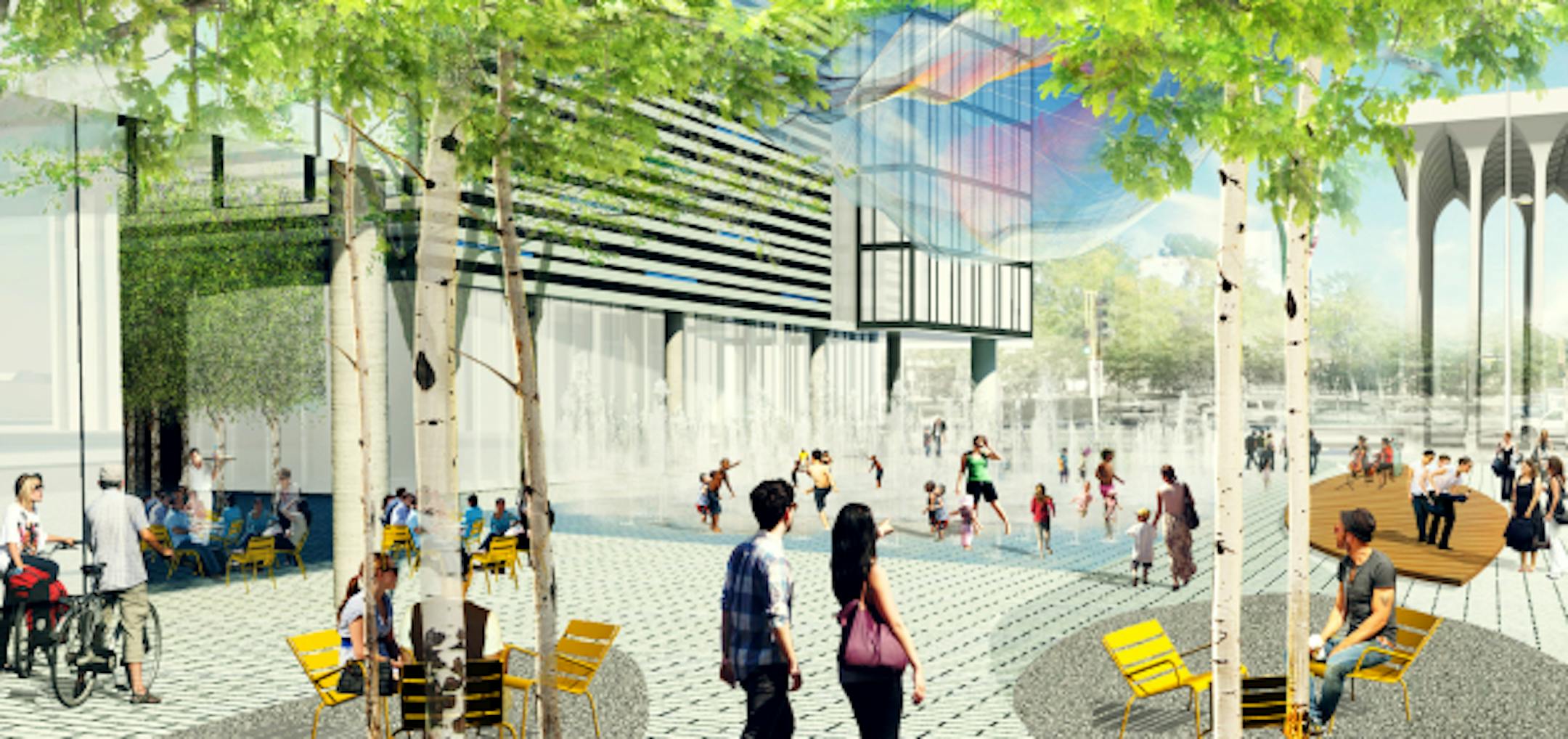 Rendering of Mortenson Development's public plaza being proposed on the Nicollet Hotel Block