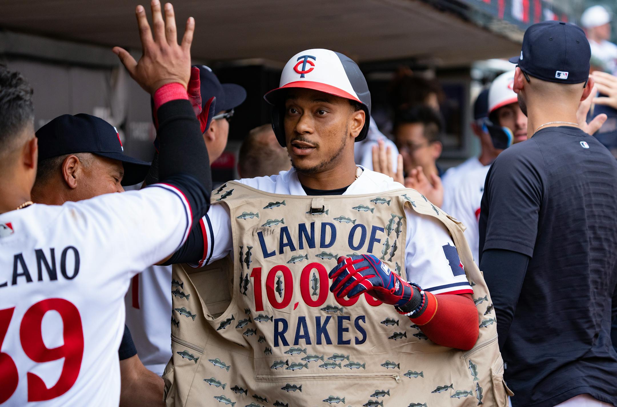 Minnesota Twins designated hitter Jorge Polanco (11) celebrates hitting a two-run home run against the Detroit Tigers in the ninth inning.