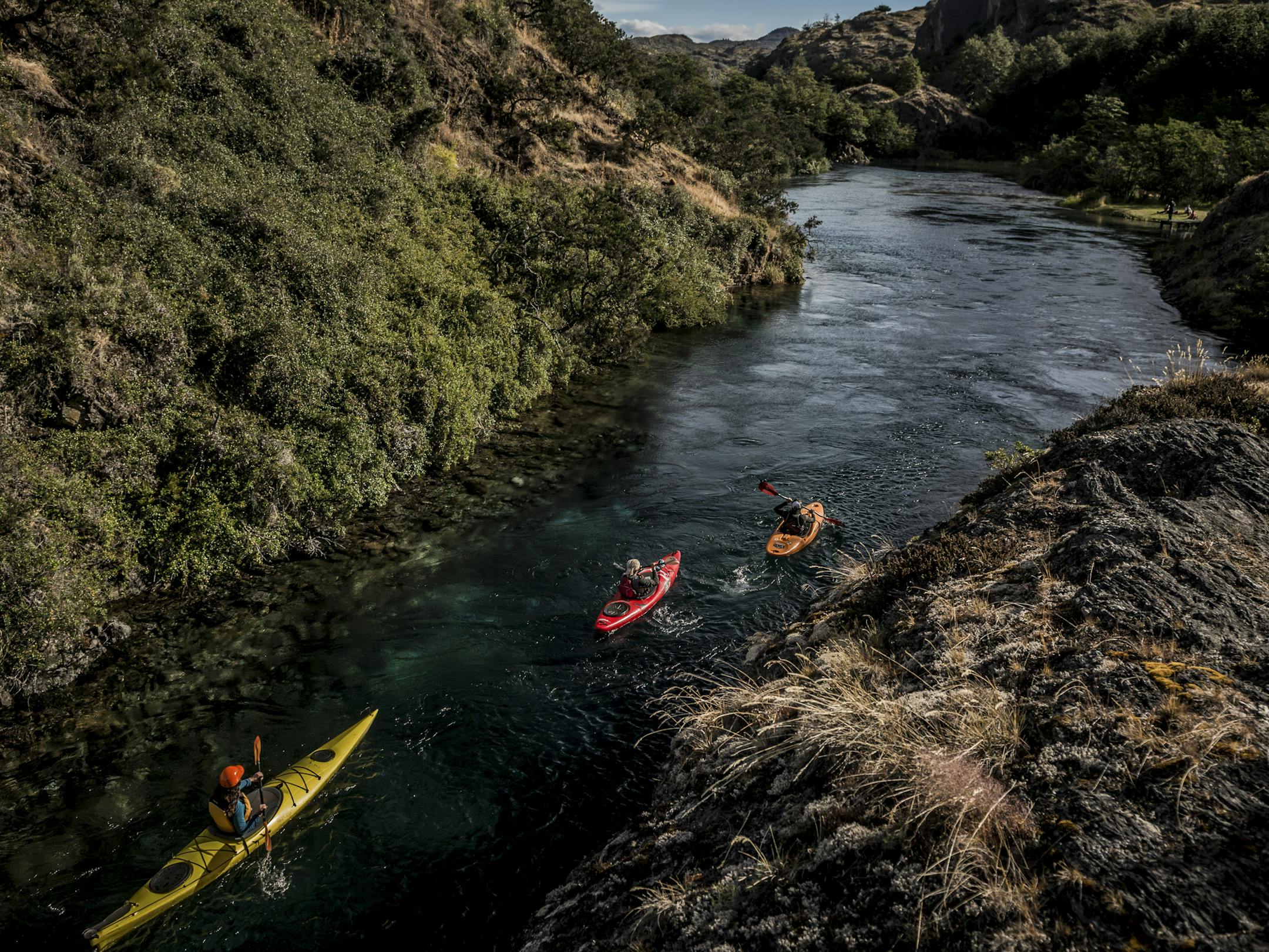 River guides from Rutas Pachamama kayak tours take a group out into the Patagonia National Park in Chile, Feb. 1, 2018. The park is the brainchild of Kristine McDivitt Tompkins and her late husband, Douglas, who founded The North Face and Esprit clothing companies, and starting in 1991, put $345 million — much of his fortune — buying large swaths of Patagonia. (Meridith Kohut/The New York Times)