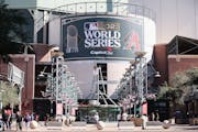 The World Series logo outside of Chase Field during the 2023 World Series. Neither Texas nor Arizona were dominant teams during the regular season.