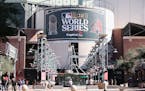 The World Series logo outside of Chase Field during the 2023 World Series. Neither Texas nor Arizona were dominant teams during the regular season.