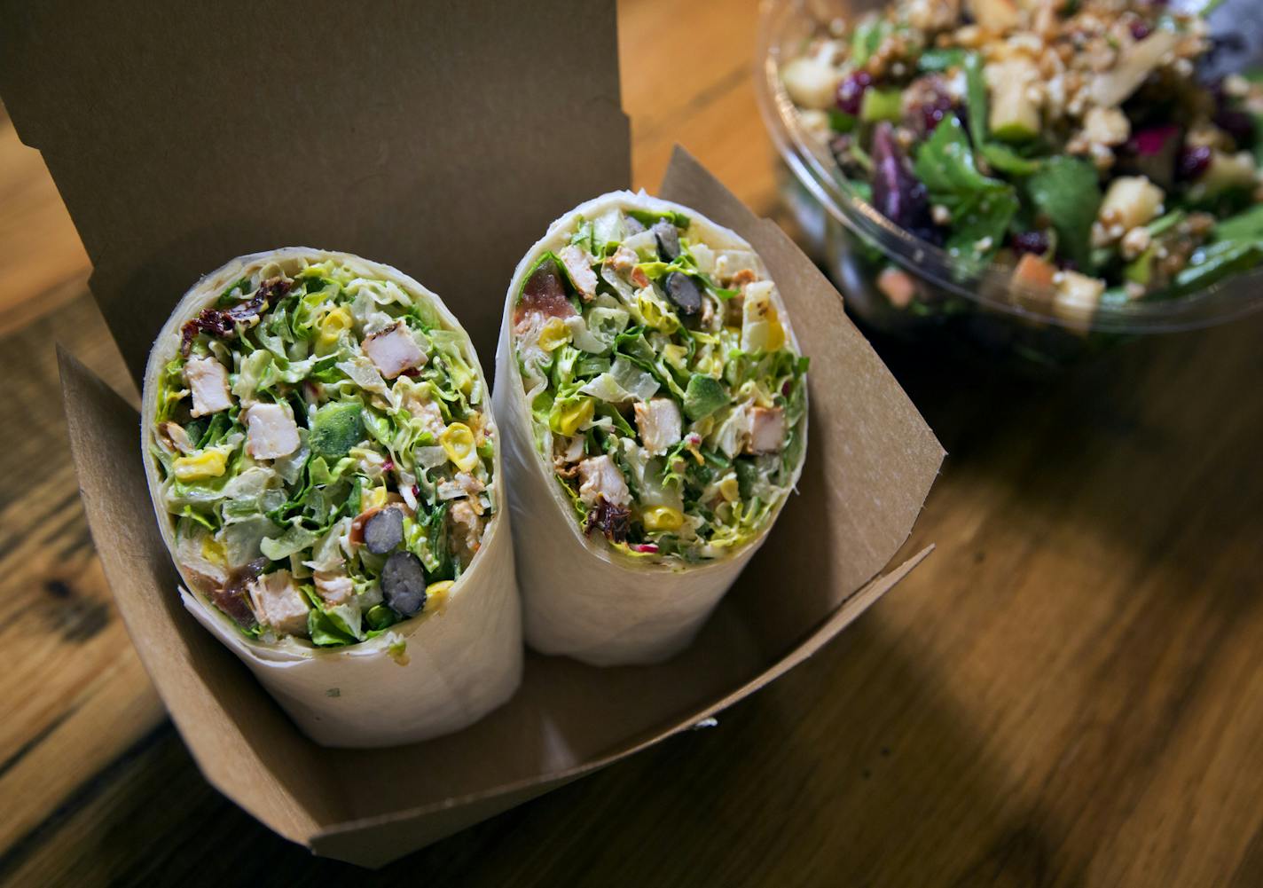 A taste of a half-dozen (relative) newcomers on the Mpls skyway system, including World Cafe, Bep Eatery and Green + the Grain. Here, the Green + the Grain's Cowboy wrap. ] Brian.Peterson@startribune.com Minneapolis, MN - 01/28/2016