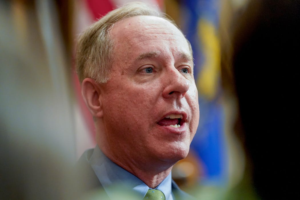 Wisconsin's Republican Assembly Speaker Robin Vos talked to reporters at the state Capitol, Feb. 15, 2022, in Madison, Wis.  