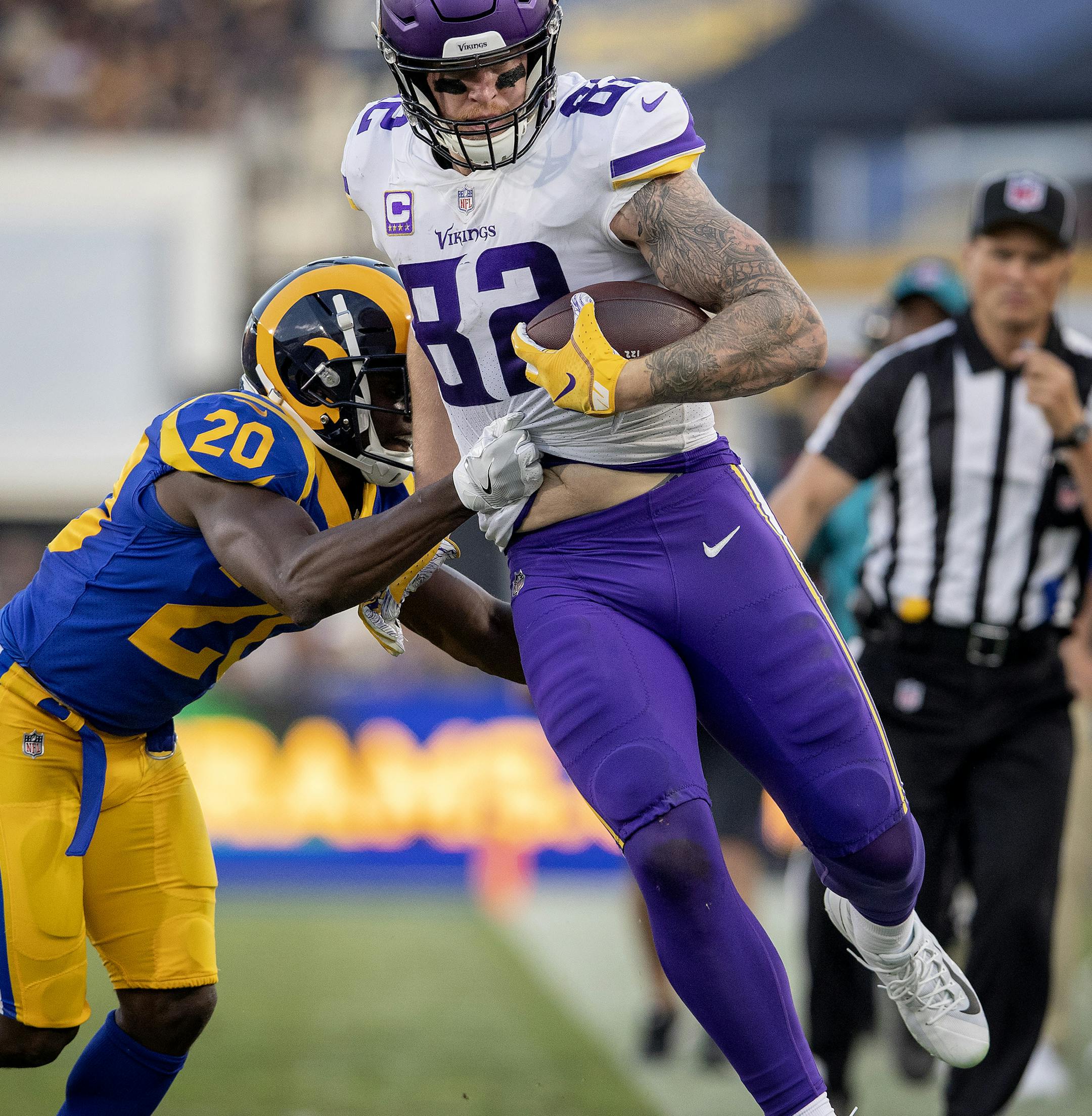 Kyle Rudolph was pushed out of bounds by Lamarcus Joyner in the second quarter. ] CARLOS GONZALEZ ï cgonzalez@startribune.com ñ September 2, 2018, Los Angeles, CA, LA Memorial Coliseum, NFL, Minnesota Vikings vs. Los Angeles Rams