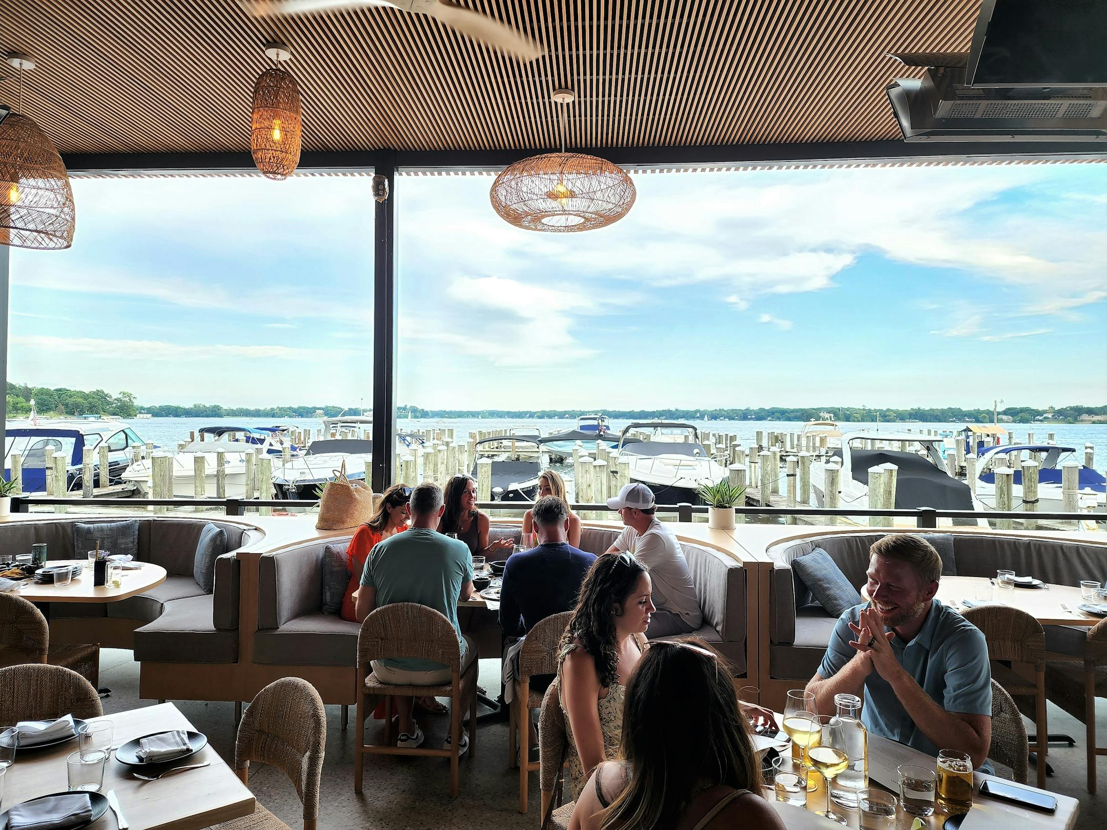 A patio looking out at boats.