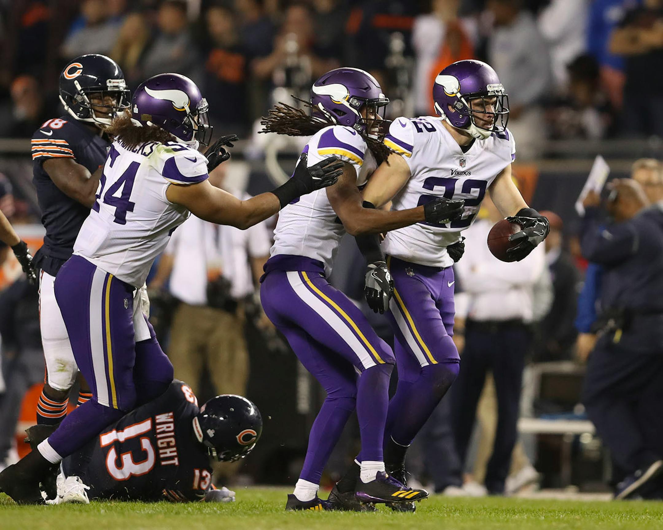 Minnesota Vikings free safety Harrison Smith (22) set up the winning touchdown after he intercepted a fourth quarter Bears' pass intended for tight end Zach Miller (86).