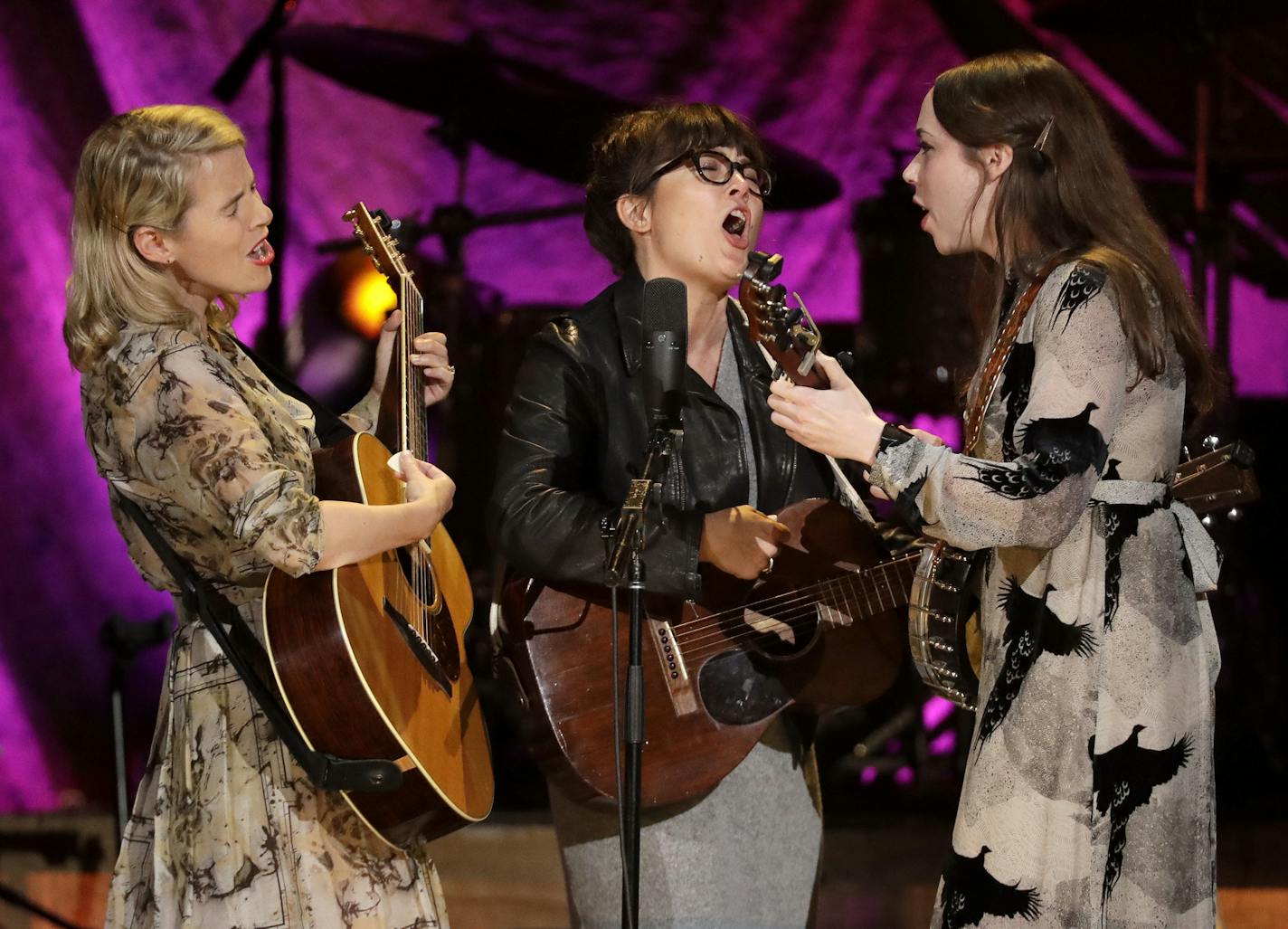 The trio I'm With Her performs at the Americana Honors and Awards show, Wednesday, Sept. 12, 2018, in Nashville, Tenn. From left are Aoife O'Donovan, Sara Watkins and Sarah Jarosz. (AP Photo/Mark Zaleski) ORG XMIT: TNMH134